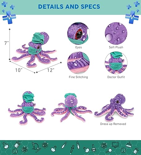 Miniatura 3 de DolliBu Juguete de peluche de Doctor Pulpo Morado, disfraz de médico de pulpo súper suave con bonito gorro y máscara facial, regalo con