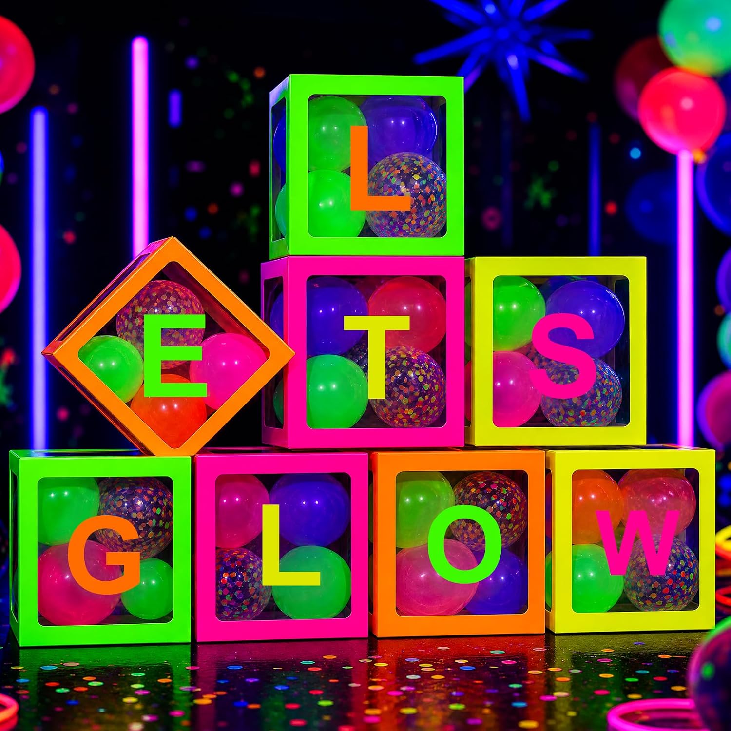 Mega-L Glow in the Dark Party Supplies, Neon Balloon Boxes, 8 Pcs