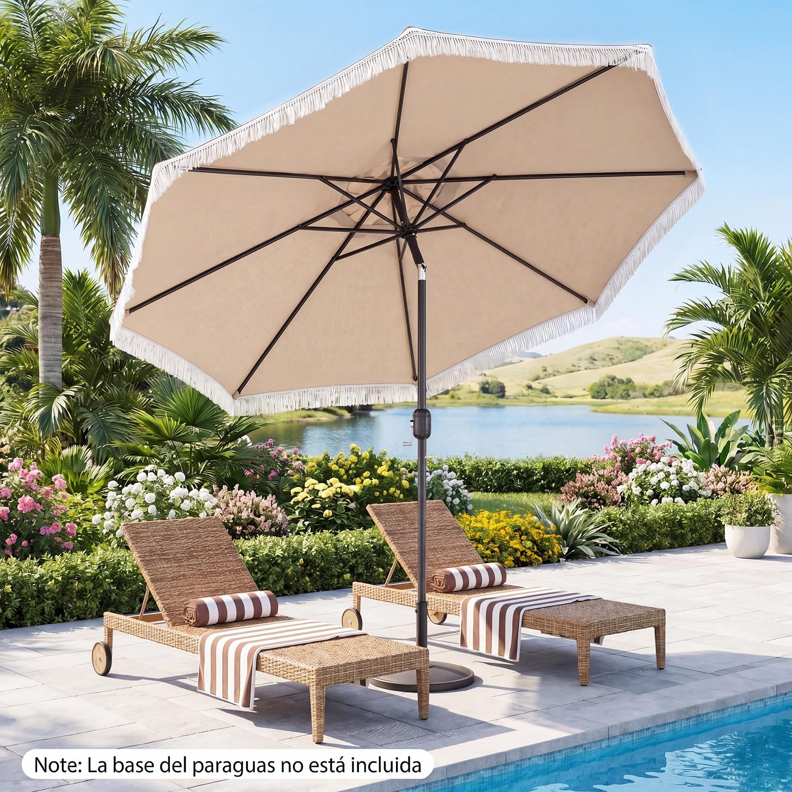 COSTWAY 270 cm Sombrilla Terraza Exterior, Parasol Reclinable de Jardín con Inclinación Bidireccional de 30°, 8 Varillas Metálicas, Manivela y Volantes/Flecos Decorativos para Patio