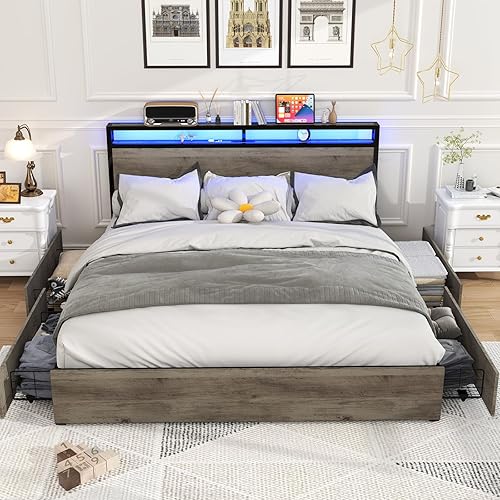 Miniatura 68 de Base de cama de tamaño matrimonial con cabecero, plataforma LED con 4 cajones de almacenamiento, estación de carga integrada, sin ruido, base de