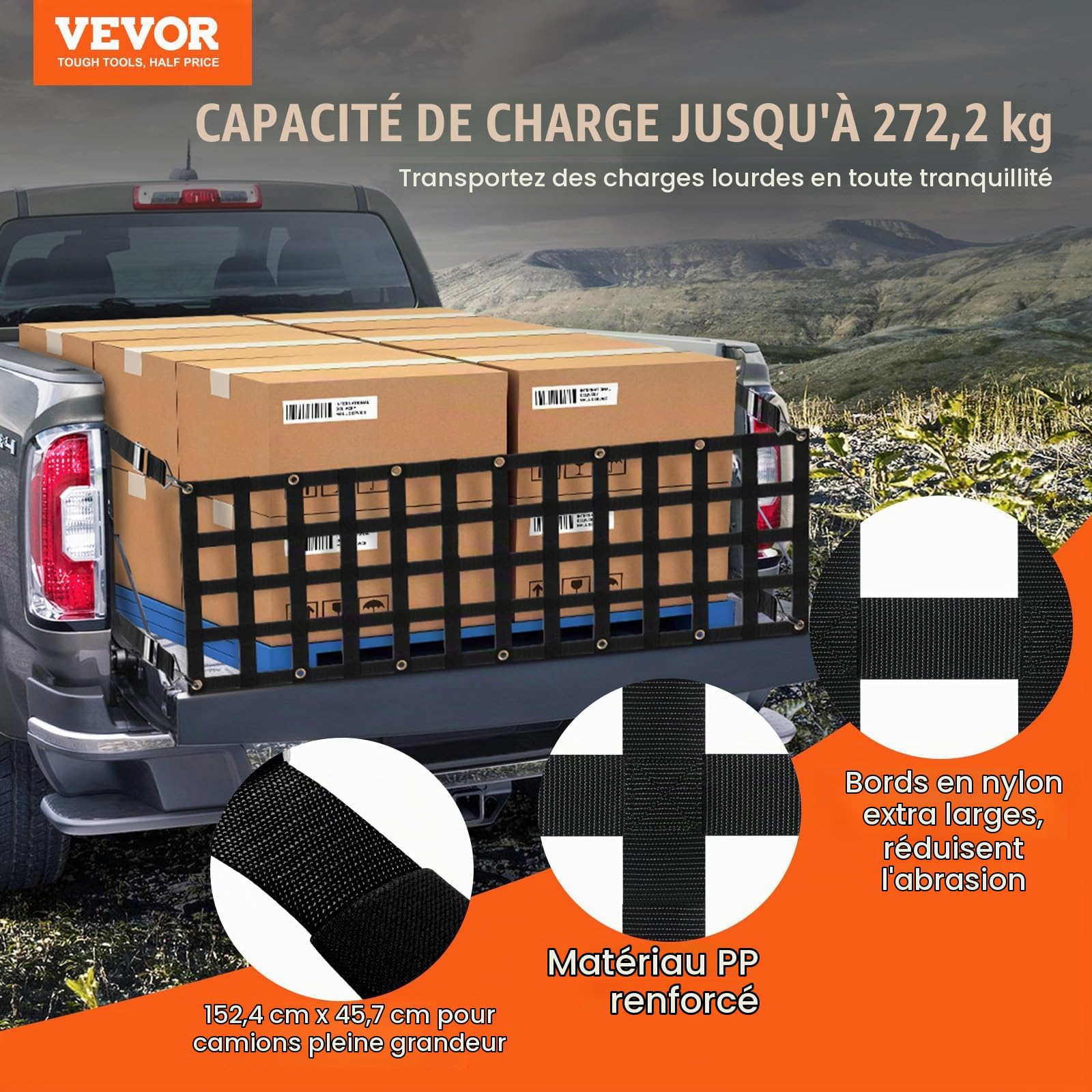 VEVOR Filet de hayon, 1525 x 470 mm, Filet de Chargement Robuste pour Plate-Forme de Camion, 4 Sangles télescopiques réglables, Extensible et Durable, réglage Flexible, pour Pick-up, remorque, Jeep