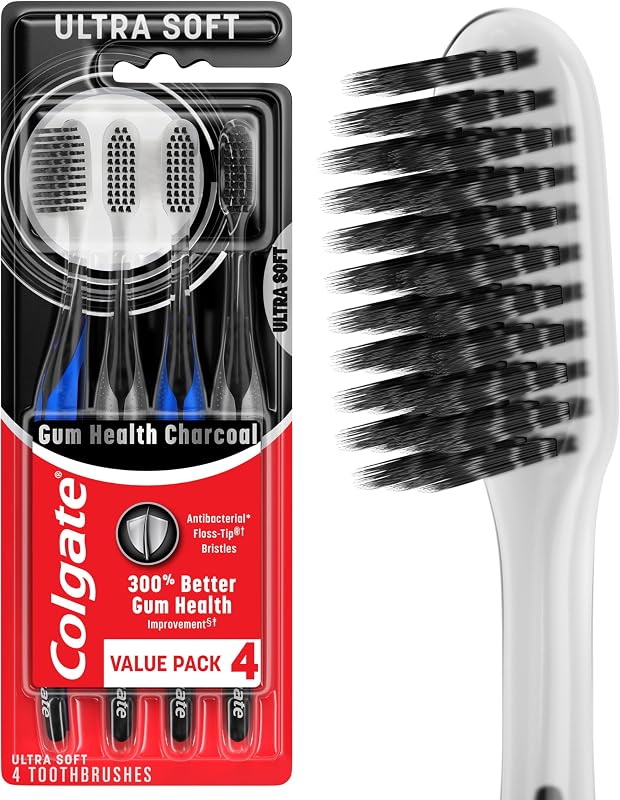 Colgate Gum Health cepillo de dientes de carbón con cerdas de punta de hilo ultrasuave, extra suave para encías y dientes sensibles, paquete de 4