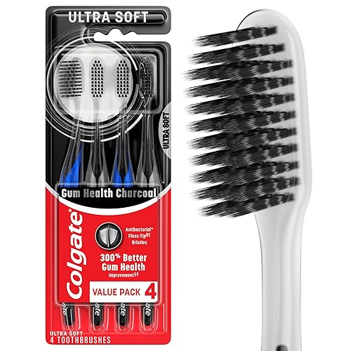 Colgate Gum Health Cepillo de dientes de carbón con cerdas ultra suaves en punta de hilo dental, extra suave para encías y dientes sensibles,