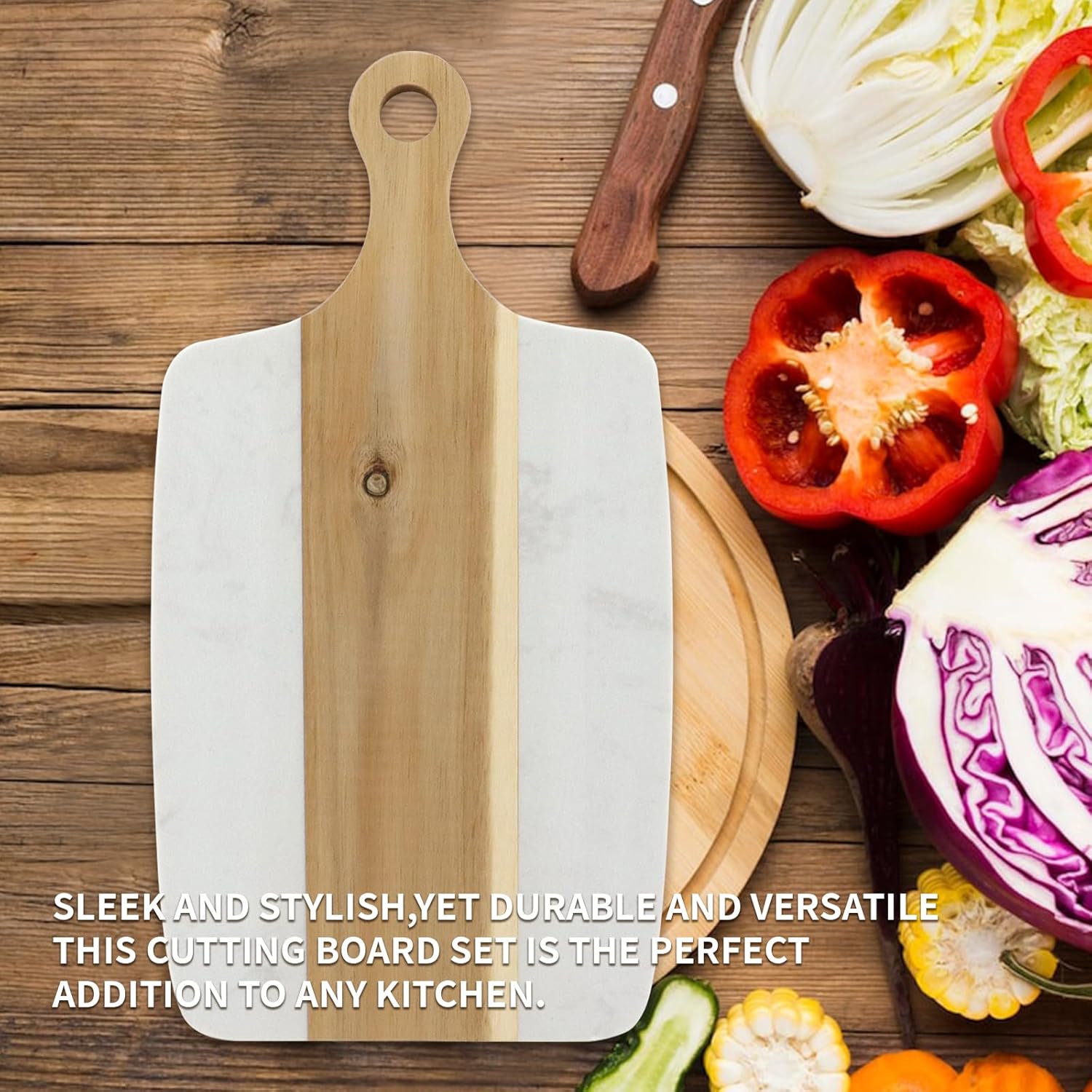 Marble Acacia Wood Splicing Style Cutting Board For Steak Bread Fruit Cheese Salade (10" x 7-1/8" White Marble)