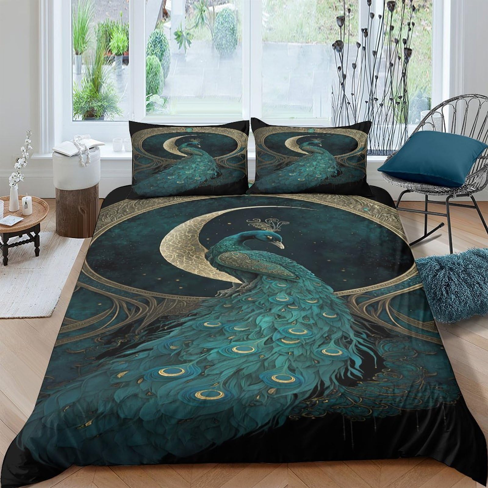 P5V6M1Q9 3D Printed Peacock Moon Duvet Cover Set Microfiber Soft Teal Gold Bedroom Decor with 2 Pillowcases Single（135x200cm）