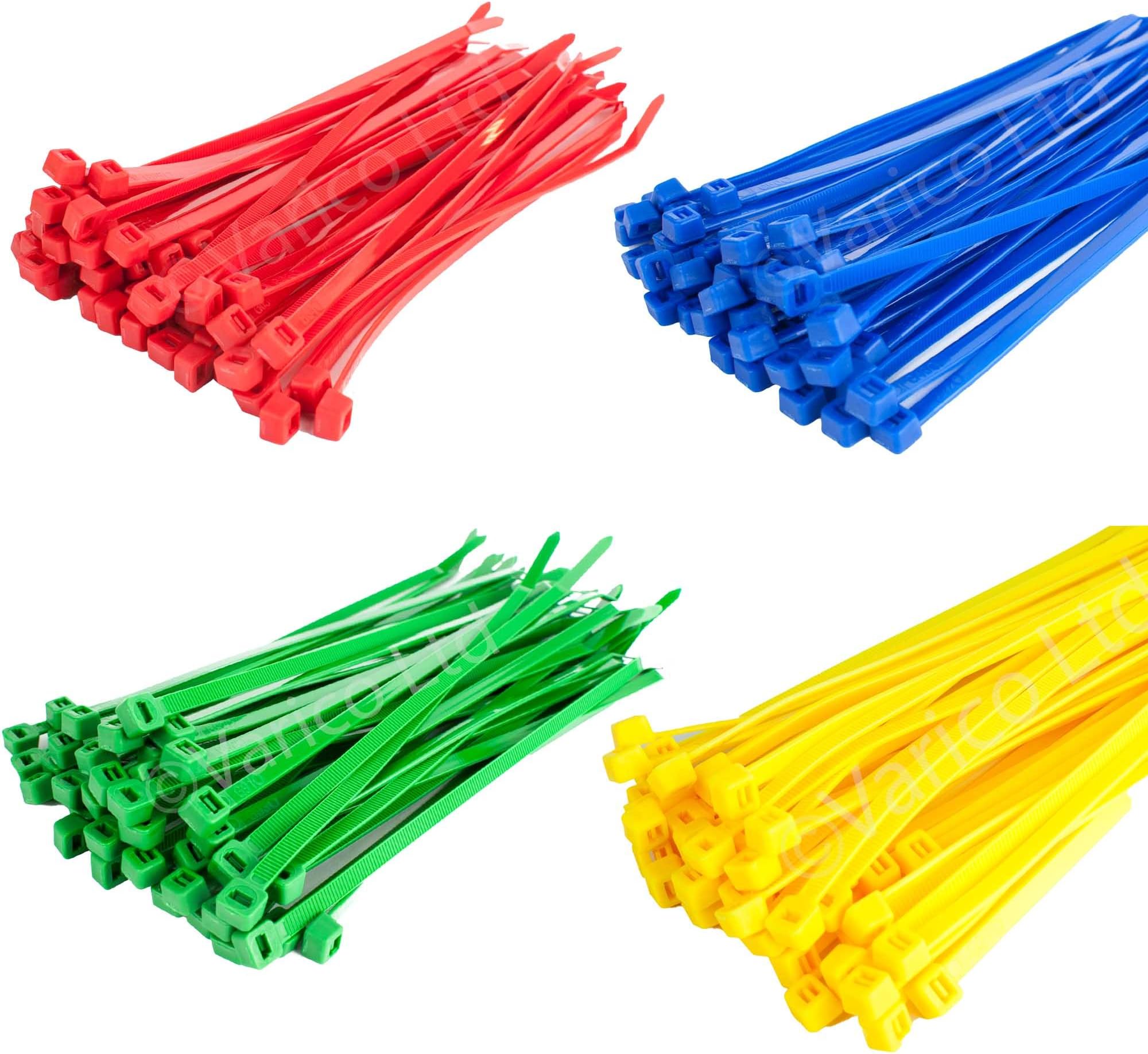 Coloured Cable Ties 200mm X 4.8mm Mixed Pack of 200 - Blue, Green, Red, Yellow (50 of Each)