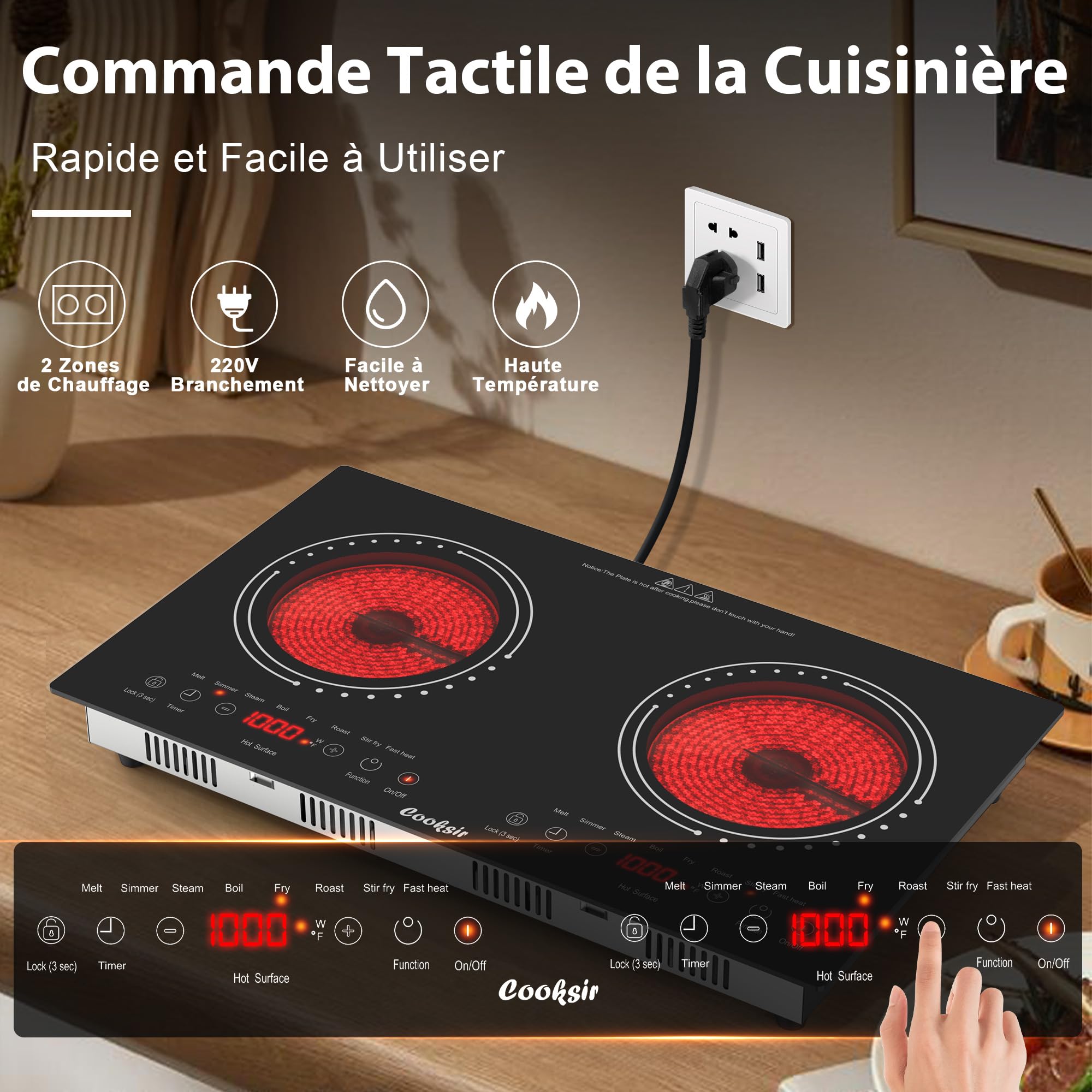 Plaque Vitrocéramique 2 Feux avec Prise | Portable et Encastrable, 3600W, 60cm, 650℃ Max, Sécurité Enfants, Minuterie 4 Heures, 9 Niveaux de Puissance, 220V