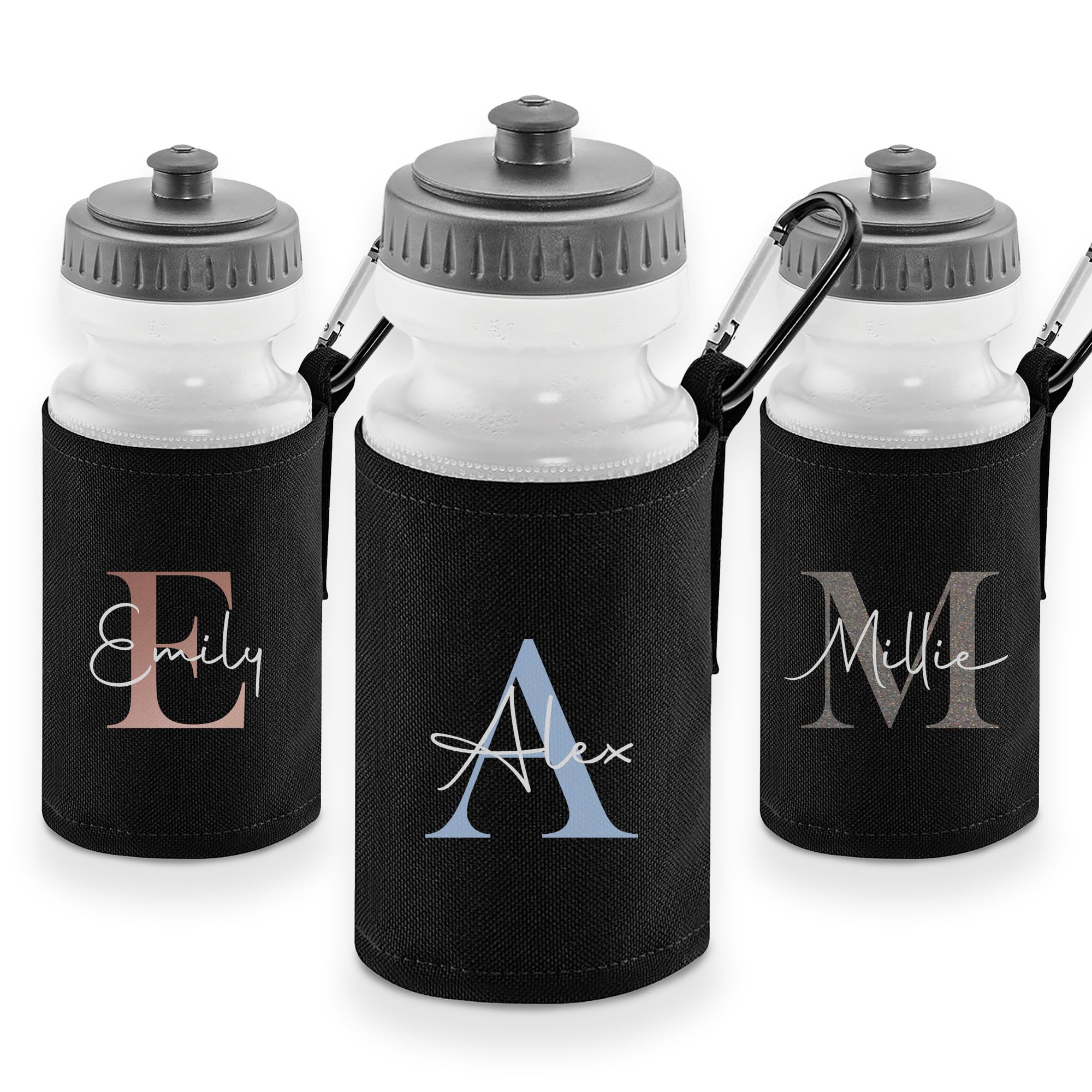 Print Maniacs Custom Initial Letter Water Bottle 500ml Personalised Monogram School & Sports Drinks Bottle with Insulated Sleeve and Clip – BPA Free Reusable Flask Gift for Boys, Girls & Teenagers