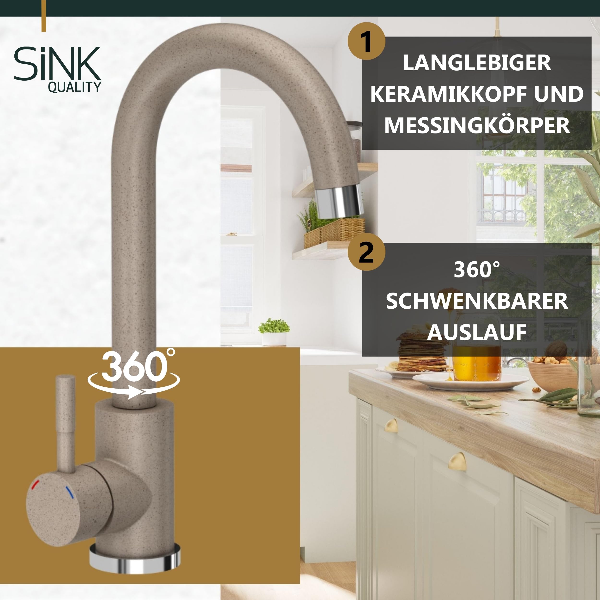 SINK QUALITY zlewozmywak granitowy beżowy z armaturą 58 x 47 - zlewozmywak z syfonem i środkiem impregnującym - zlewozmywak kuchenny beżowy z ociekaczem do szafki pod umywalkę 50
