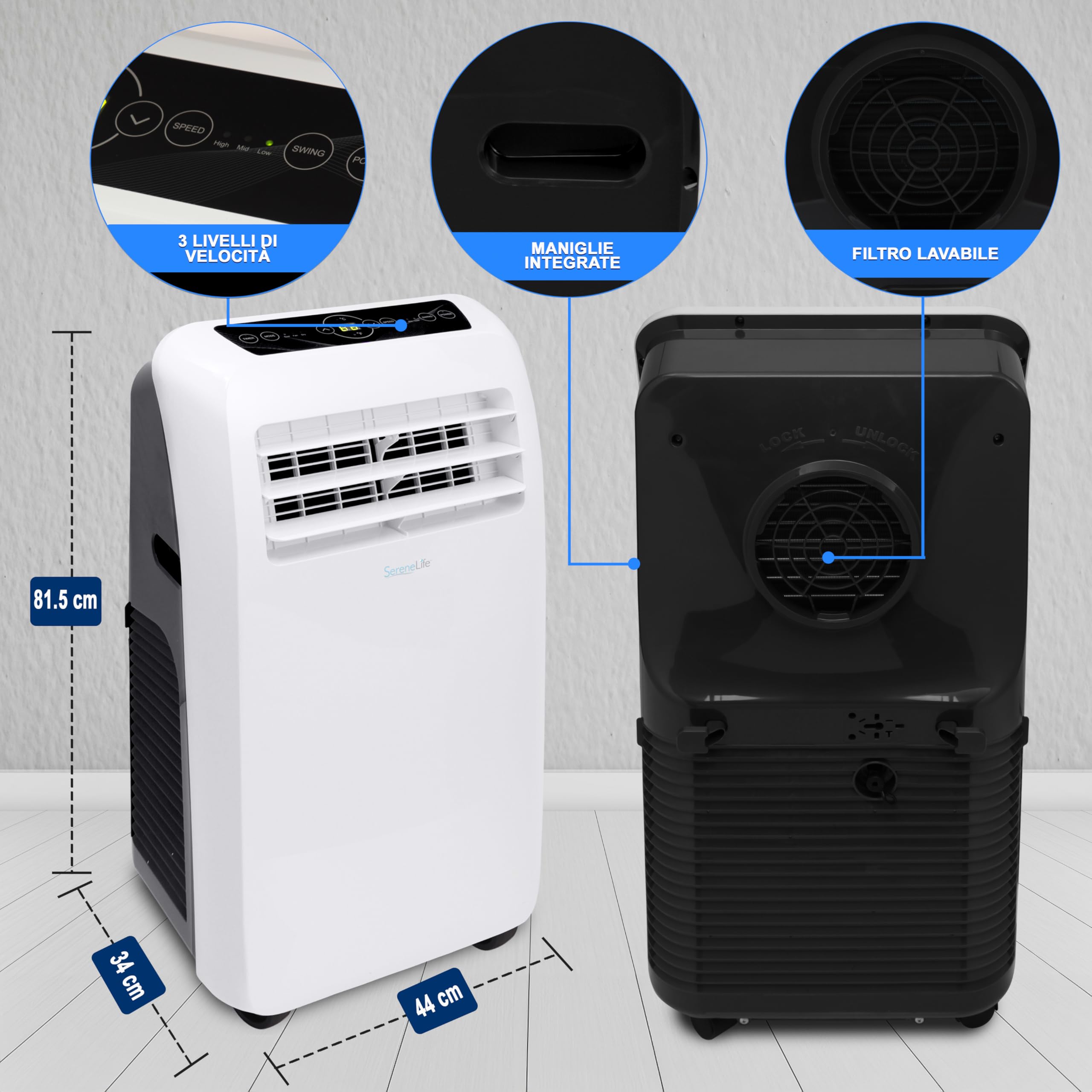 SereneLife Condizionatore Portatile 3-in-1, Deumidificatore Integrato, Ventilatore, Telecomando, Kit Scarico Finestra, 9,000 BTU, Classe A