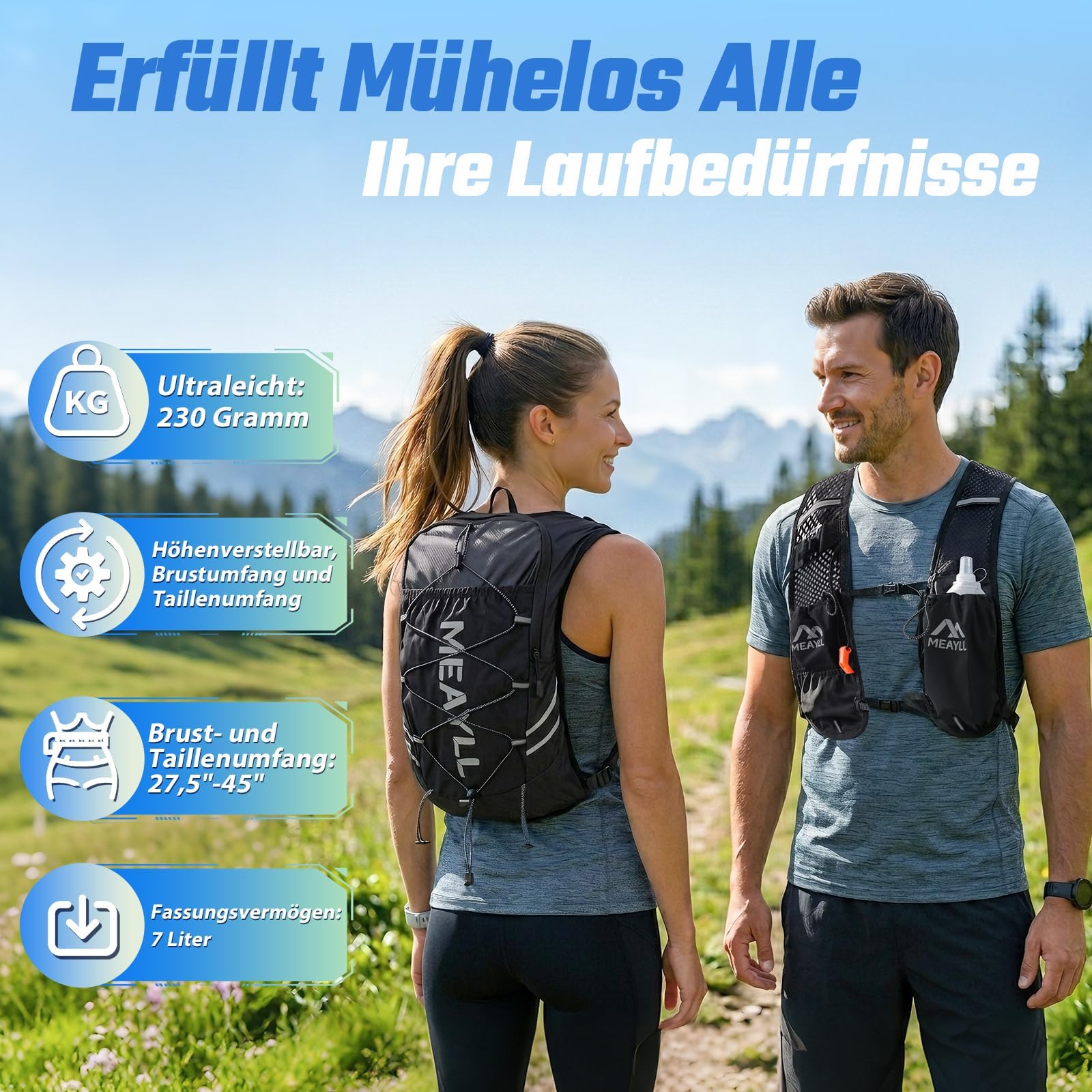 Laufweste für Damen & Herren mit 500 ml TPU Trinkflasche – Leichter und bequemer Laufrucksack, 7 L Volumen, Kompatibel mit 2 L Trinkblase, ideal für Trailrunning, Radfahren, Wandern und Marathon