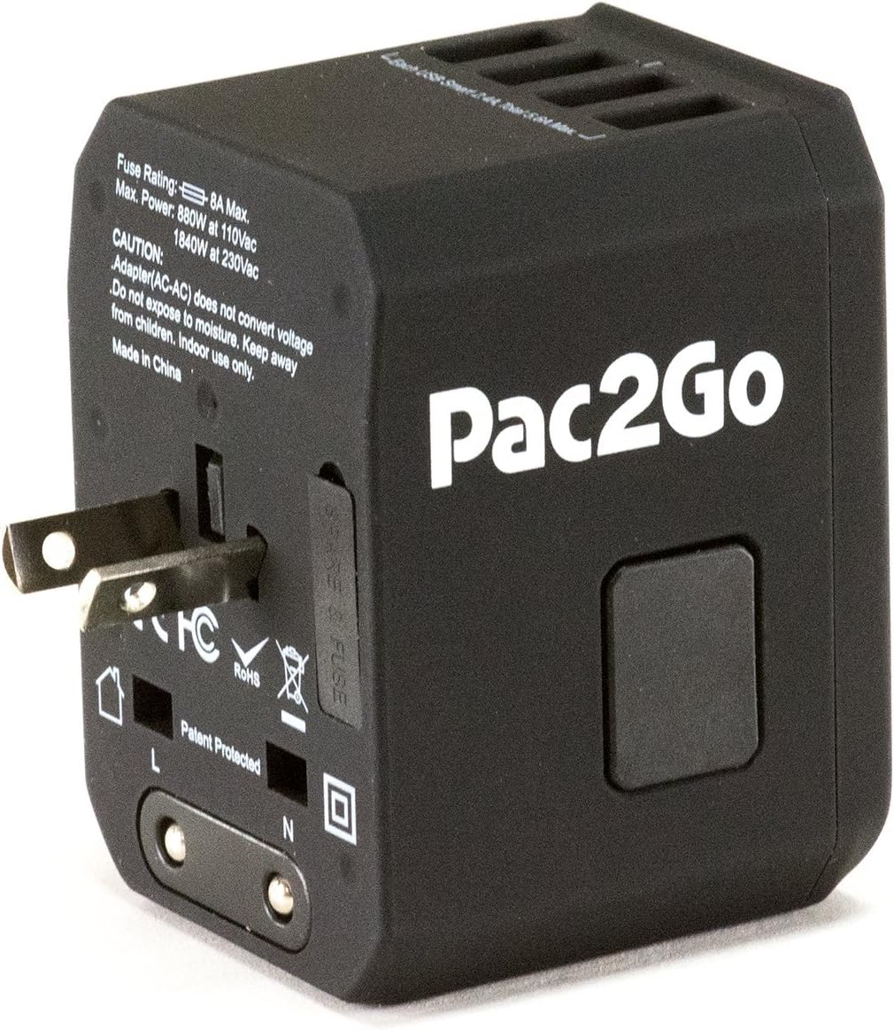 Holiday Deals 🛒 Pac2Go Universal Travel Adapter with Quad USB + USB-C Charger - All-in-One Surge/Spike Protected Electrical Plug with Fast Charging USB Ports, International Power Socket works in 192 Countries - 5XUSB