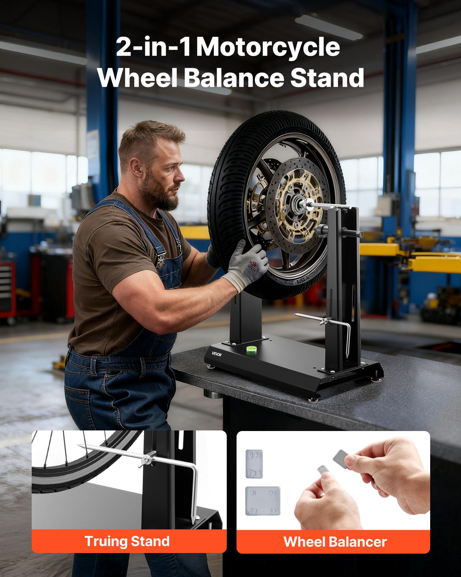 VEVOR Soporte de Equilibrado de Neumáticos para Motocicleta, Carga de 40 kg, con Conos de Centrado Ajustables y Puntero de Centrado, para el Montaje de Neumáticos para Ruedas, 490 x 300 x 545 mm