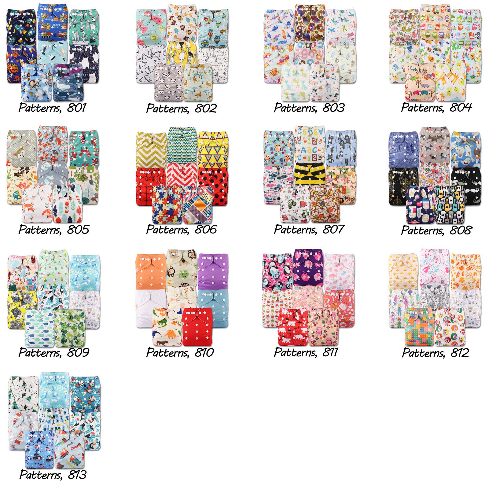 Littles & Bloomz, Reusable Pocket Cloth Nappy, Fastener: Popper, Set of 8, Patterns 802, Without Insert - 3