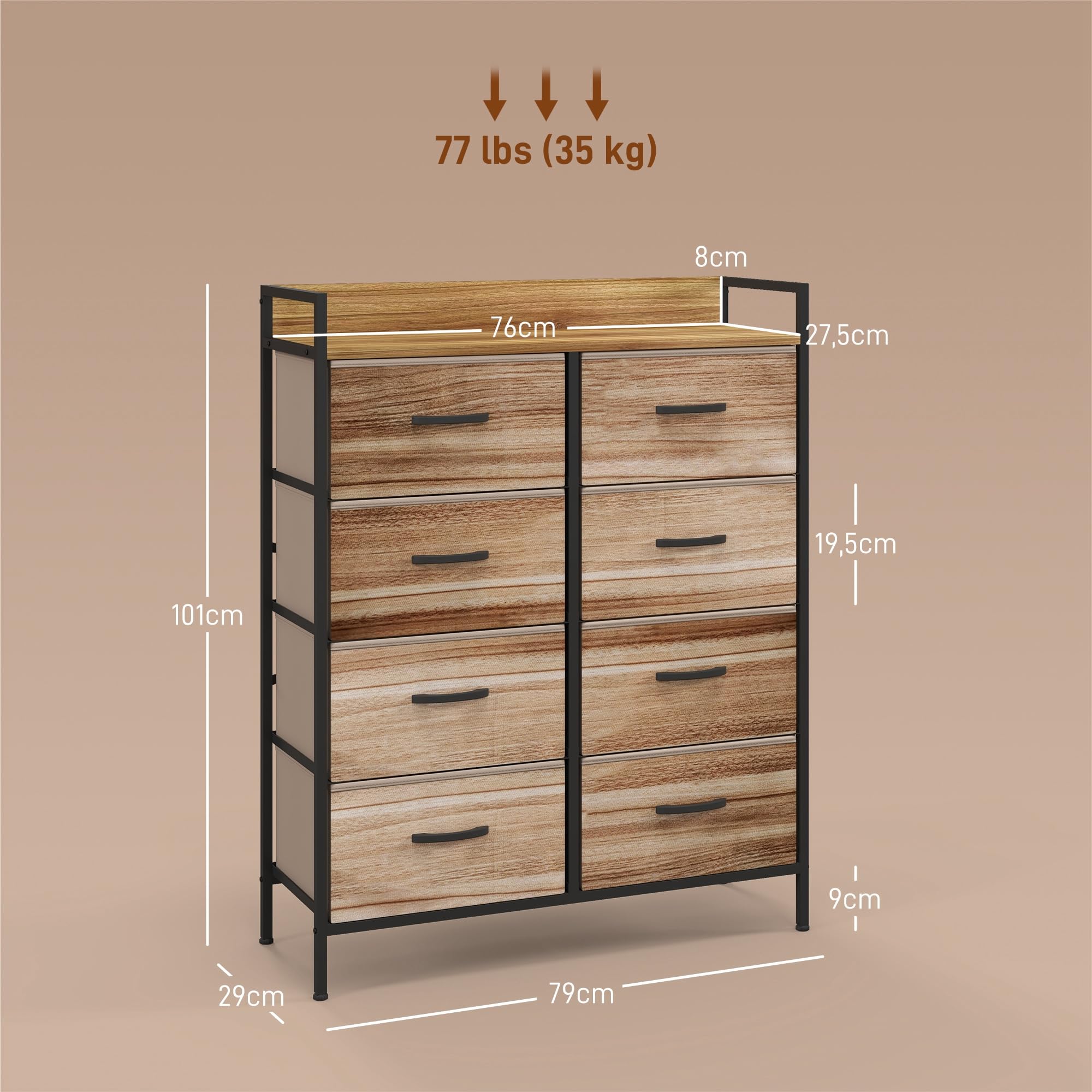 HOMCOM Meuble de Rangement Commode chiffonnier 8 tiroirs en Tissu Amovibles, étagère supérieure et Cadre Acier Style Industriel, 79L x 29l x 101H cm chêne et Noir