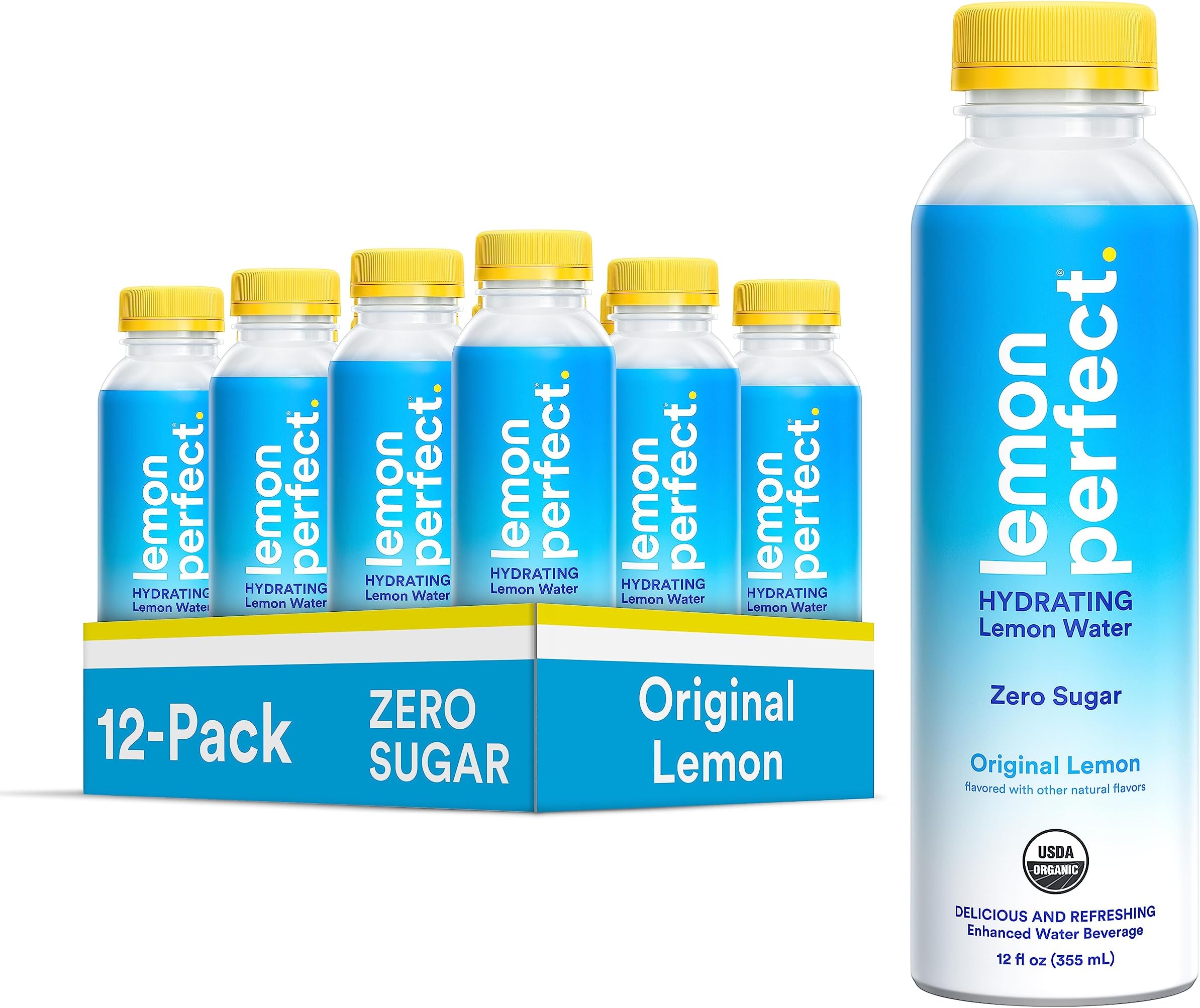 Lemon Perfect, Hydrating Organic Lemon Water, Zero Sugar, Flavored Water, Squeezed from Real Fruit, Plastic Neutral, No Artificial Ingredients, Original Lemon (12oz Bottles) 12pk