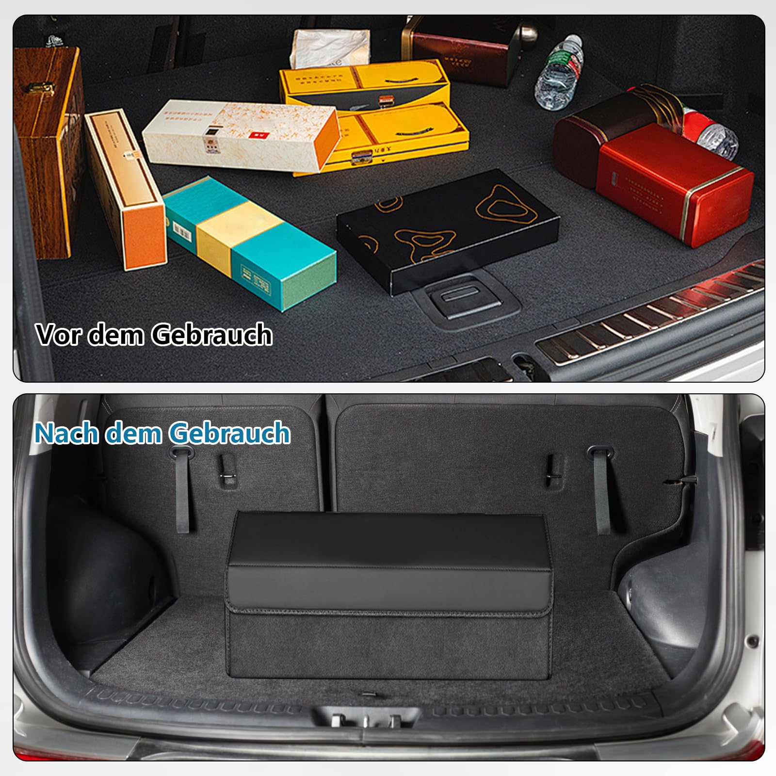 Polegas Auto Kofferraum Organizer, Faltbare Leder Kofferraumtasche, Größe Aufbewahrungsbox Auto mit Deckel, Car Organizer Kofferraum Box, Schwarz
