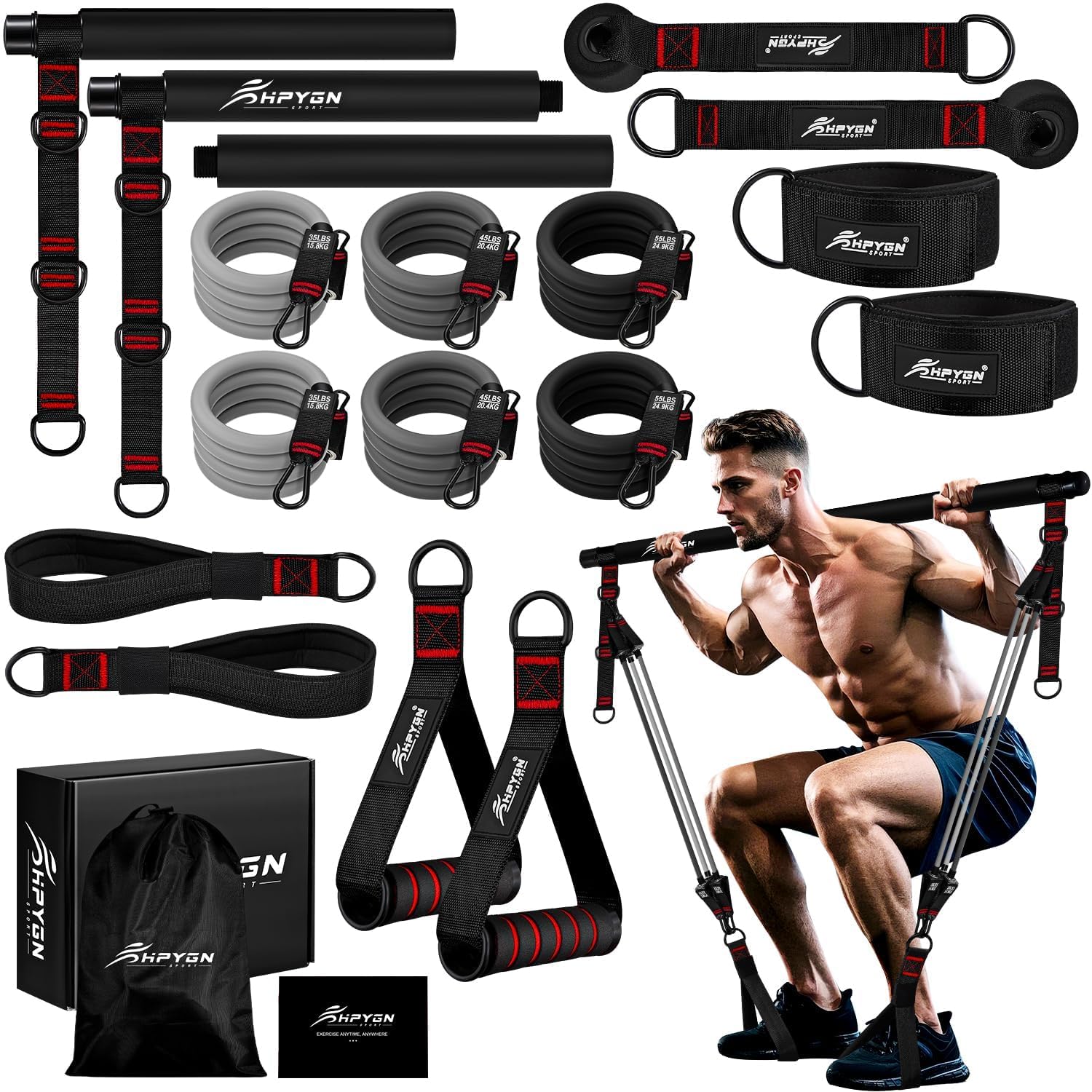 HPYGN Pilates Bar Kit mit Widerstandsbändern, Schwere multifunktionale Pilates Ausrüstung für Krafttraining, Abs, Rücken, Arme, tragbare Home Gym & Travel Fitness Ausrüstung