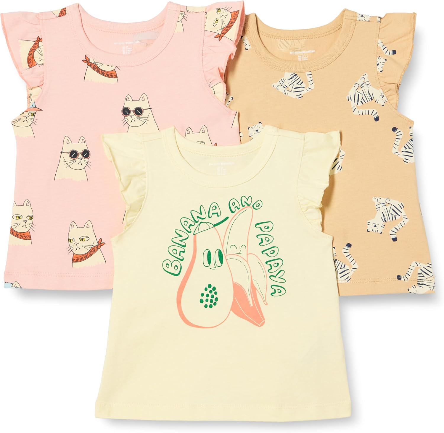 Amazon Essentials Girls Sleeveless Ruffle T-Shirt X-Small Cool Cat/Tiger/Tropical Fruit