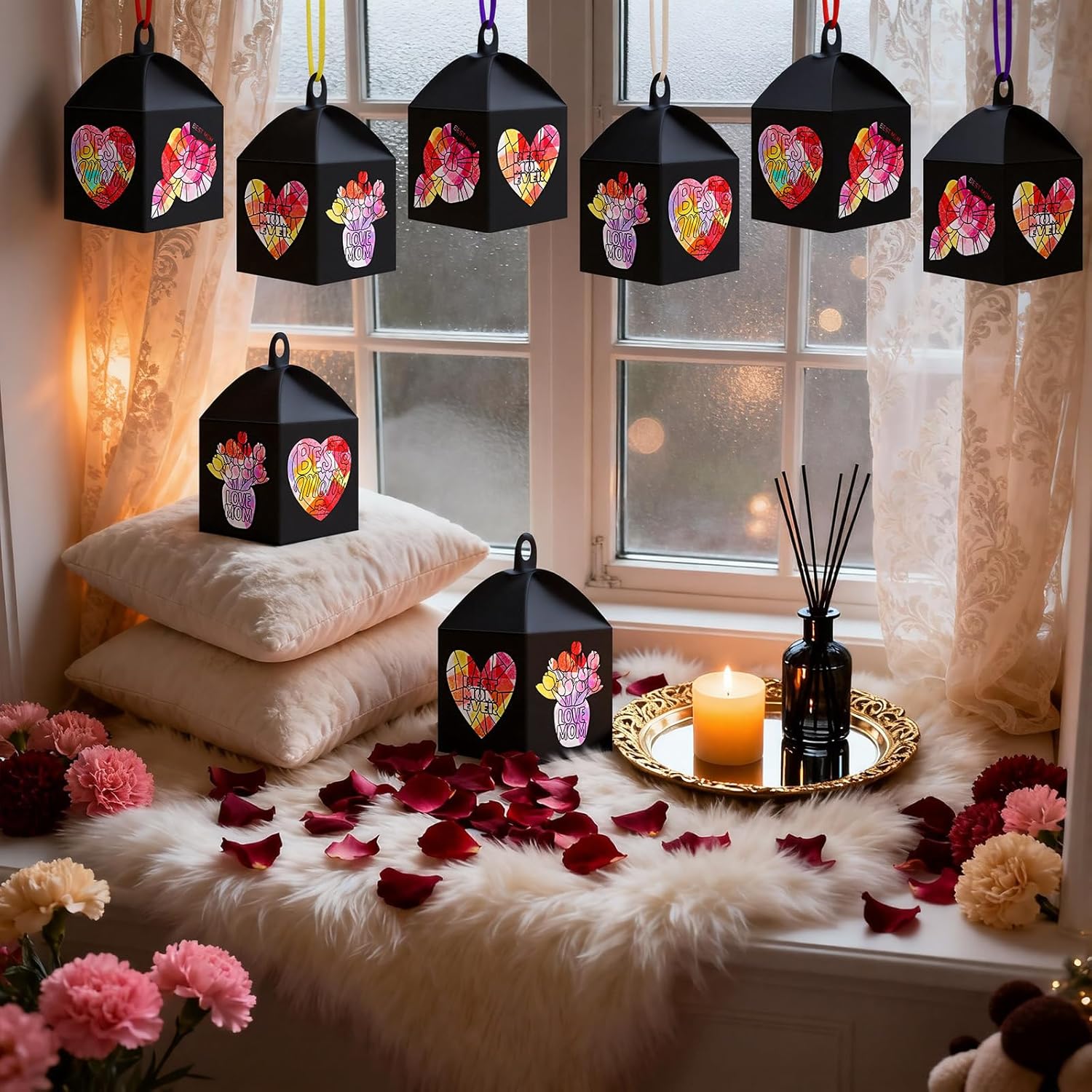 Maitys 16 Sets Mother's Day Paper Lantern Craft Kits, DIY Best Mom Heart Shaped Floral Patterns Lanterns with Colored Tissue Paper for Party Activities Ornaments