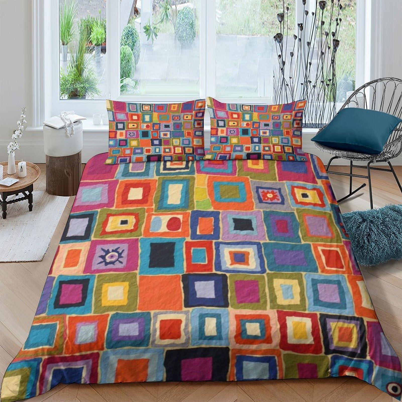 TUFRTGYHN 3D Printed Colorful Geometric Square Duvet Cover Microfiber Soft Breathable Abstract Block Bedding Set with 2 Pillowcases for Bedroom Decor Single（135x200cm）