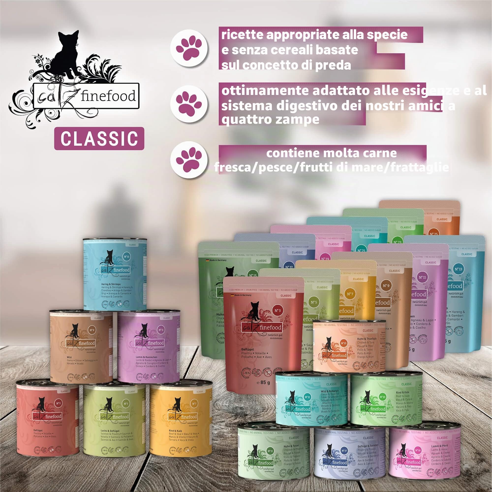catz finefood Cibo per gatti bagnato Multipack 2, varietà Mix Pack 2 con pollo, tonno, manzo, scorfano, agnello, gamberetti, selvaggina, 6 barattoli da 400 g
