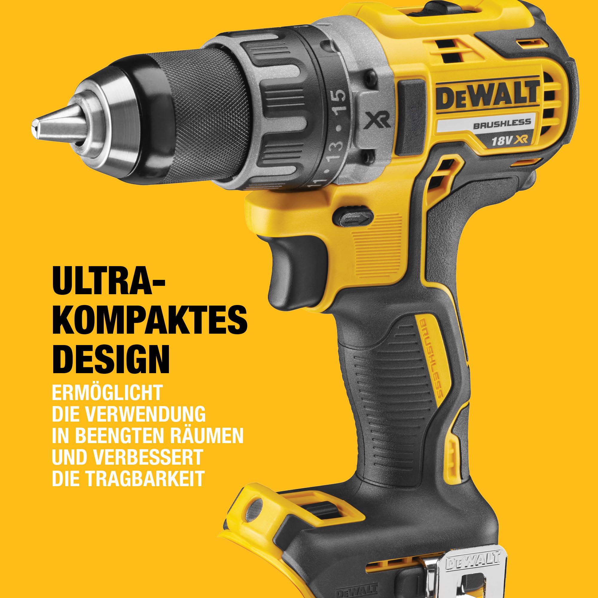 DEWALT 18 Volt 2-Gang Bohrschrauber (bürstenloser Motor,15-stufiges Drehmomentmodul,13 mm,LED-Leuchte,Lieferung ohne & Ladegerät),DCD791NT-XJ,Battery Powered,Bare Unit,Yellow/Black, Battery Powered