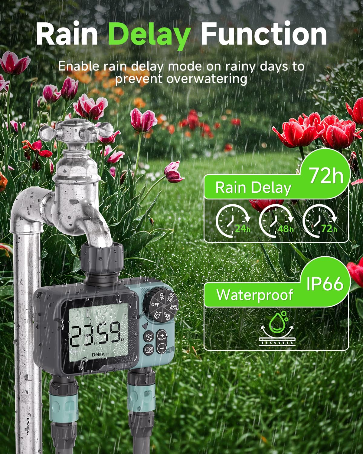 Sprinkler Timer 2 Zone & Digital Water Timer for Garden Hose, Yard, Lawn, Pool – Programmable Irrigation Controller with Rain Delay, IP66 Waterproof Auto & Manual Irrigation System - 4