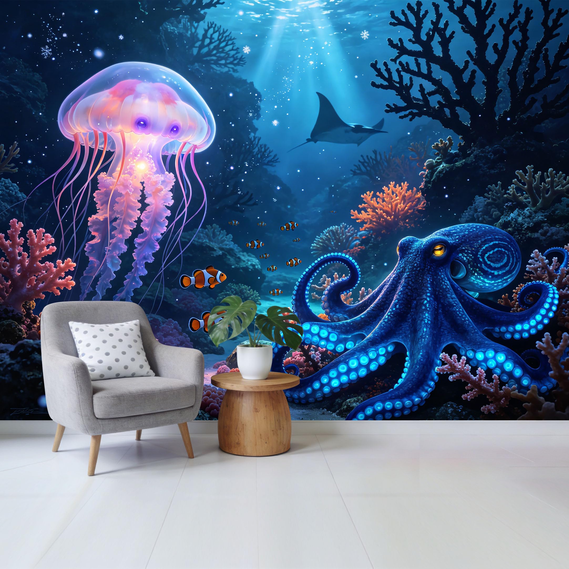 Custom Size Wall Mural Ocean Marine Octopus Jellyfish Coral Reef Underwater Scene Removable Self Adhesive Fabric Home Wall Decor for Living Room Bedroom Bathroom