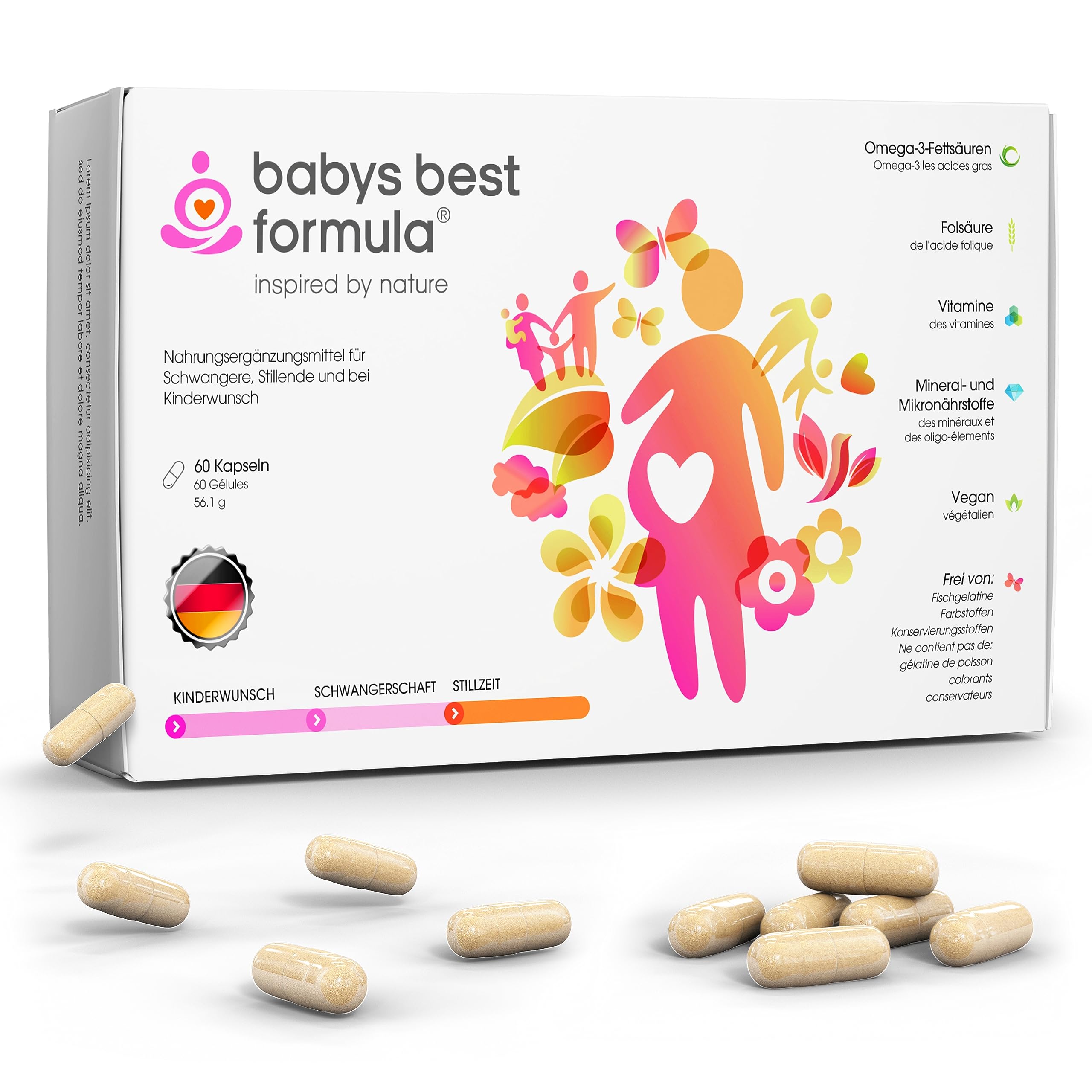 Babys Best | Kinderwunsch Vitamine | Schwangerschaft Vitamine | Stillzeit | Folsäure 600 mcg | veganes Omega 3 | rein pflanzlich | nur 1 Kapsel pro Tag | Made in Germany