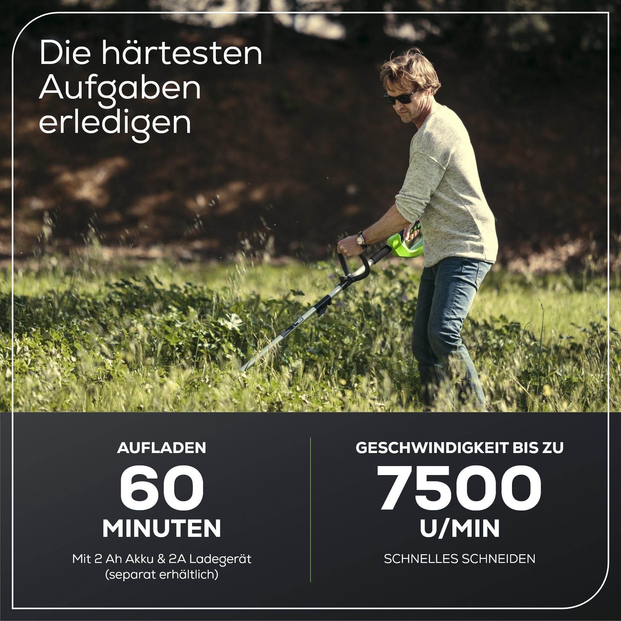 Greenworks 40V Akku Rasentrimmer für mittelgroße Gärten, höhenverstellbar, 30 cm Schnittbreite, automatischer Vorschub 1,65 mm Nylon Faden, zwei 40V 2Ah Akkus & Ladegerät, 3 Jahre Garantie G40LTK2X