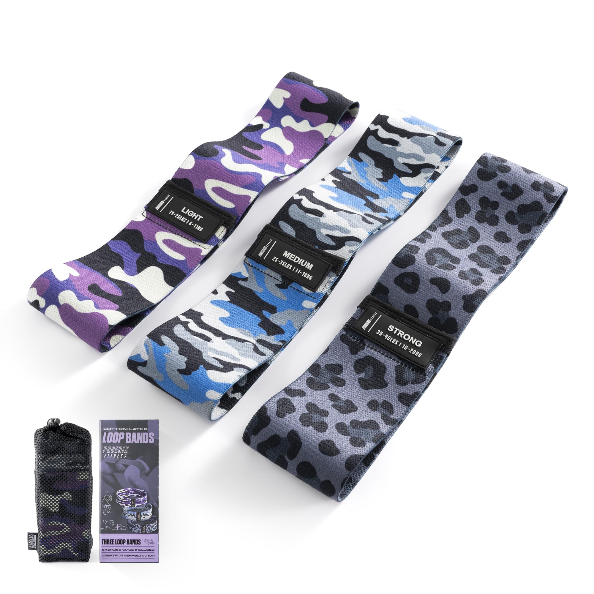 Phoenix Fitness Fabric Resistance Bands - Set of 3 Non-Slip Exercise Bands for Women and Men - Home Gym Workout Bands for Yoga, Pilates & Fitness with Carry Bag & Exercise Guide (Camouflage)