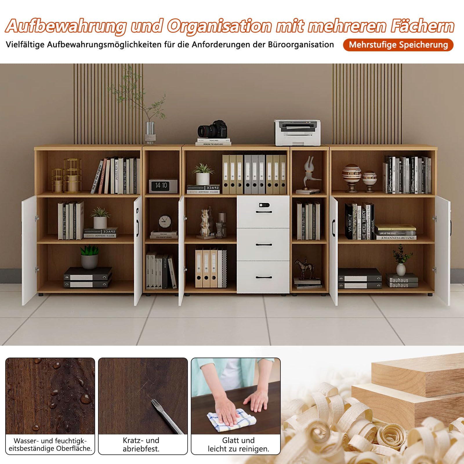 Aktenschrank Holz Querformat mit Zahlenschloss, Büroschrank mit 3 Schubladen und Tür, Druckertisch Aufbewahrungsschrank für Büro Homeoffice, A4 & Letter Ordner Schrank mit offenen Fächern