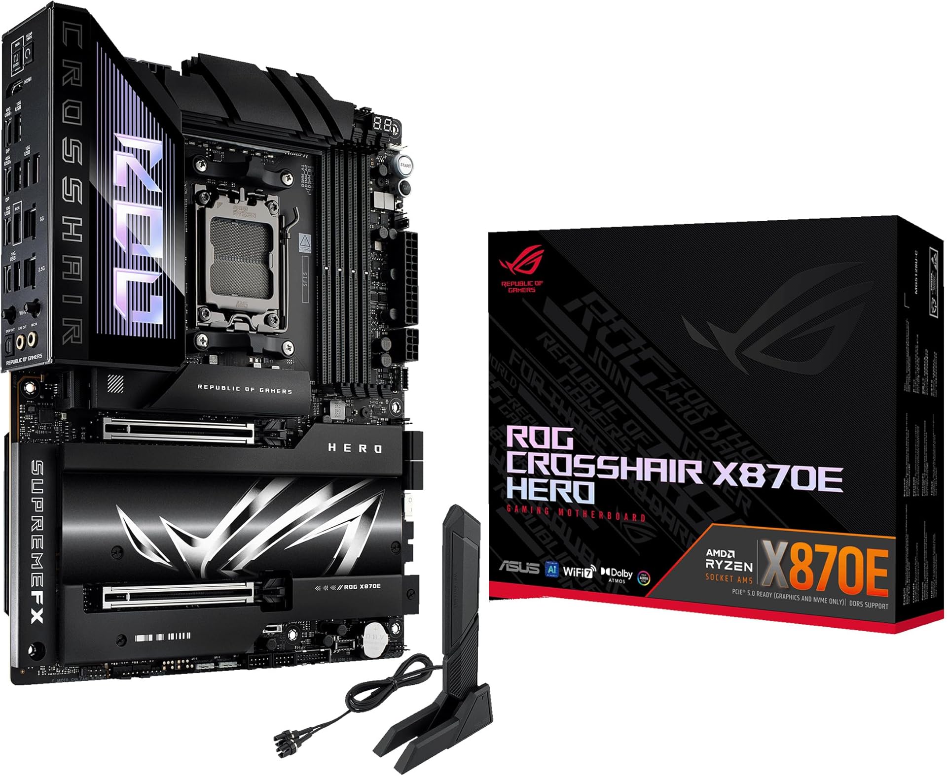 ASUS ROG Crosshair X870E Hero AMD ATX Motherboard, 18+2+2 Power Stages, DDR5, PCIe 5.0 Next-Gen GPU Support, Five M.2, Wi-Fi 7, USB4, AI Overclocking
