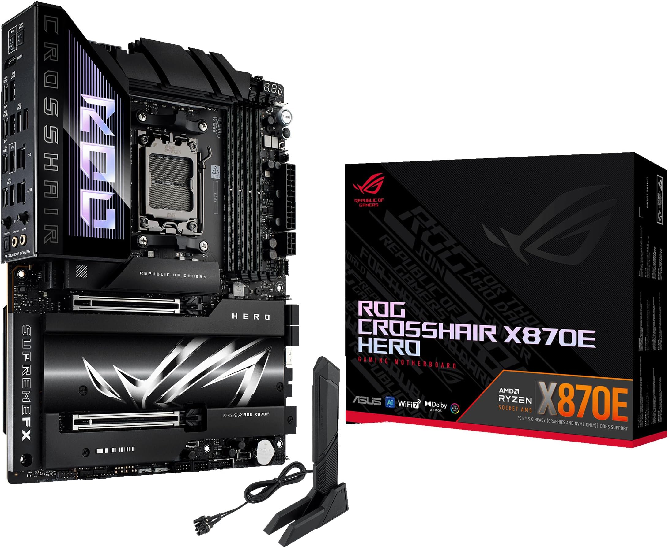 ASUS ROG Crosshair X870E Hero AMD X870E AM5 ATX Motherboard, Advanced AI PC Support, 18+2+2 Power Stage, DDR5, PCIe 5.0, 5X M.2, Wi-Fi 7, USB4, AI Overclock, Core Flex, PCIe Slot Q-Release Slim
