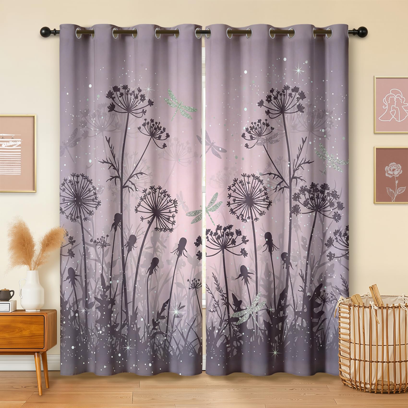 Lila Pusteblume Libelle Vorhänge Blickdicht Wohnzimmer Romantisch Blumen Motiv Vorhang mit ösen Gardinen 175 cm Hoch 2er Set Verdunklungsvorhänge für Schlafzimmer Fenster
