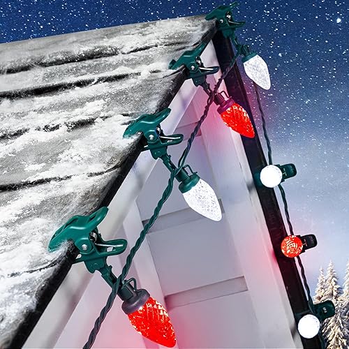 Miniatura 13 de Luces LED C9 de Navidad para exteriores, 68 pies, 100 luces LED de fresa con 100 abrazaderas de resorte, impermeable, grado comercial, extensible,