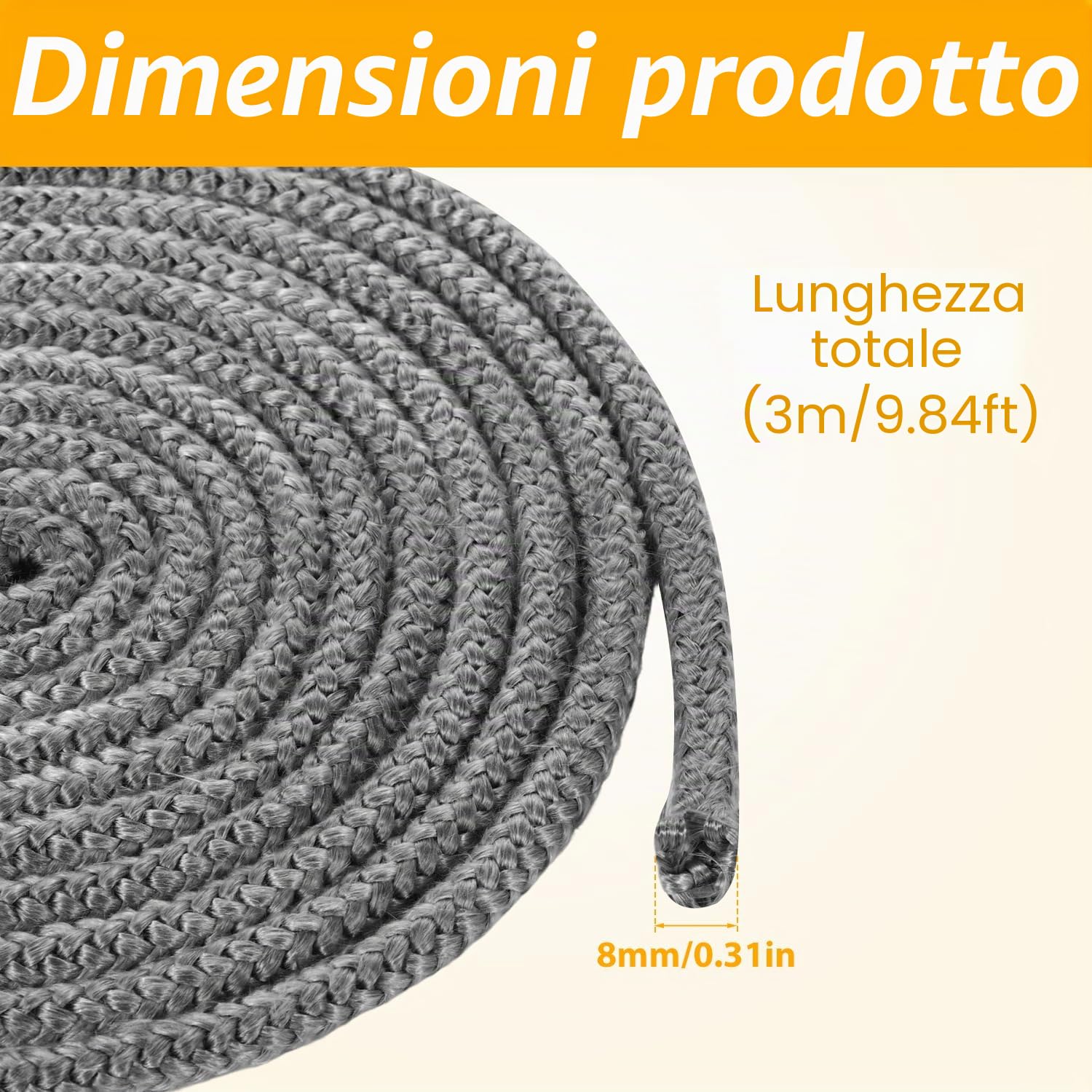 Guarnizione per Camino, 8mm x 3m Guarnizione per Vetro Camino Corda Camino Sostituzione Guarnizione per Forno Stufa a Legna per Caminetti Stufe a Legna (Grigio)