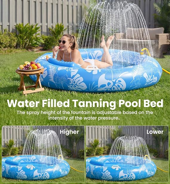 Inflatable Tanning Pool Lounger Float with Sprinkler, X-Large Pool Floats with Auto Spray Cooling, 6 in 1 Sunbathing Lounge Floatie Raft Toys, Blow Up Pool Tanning Bed for Adults Kids Gifts