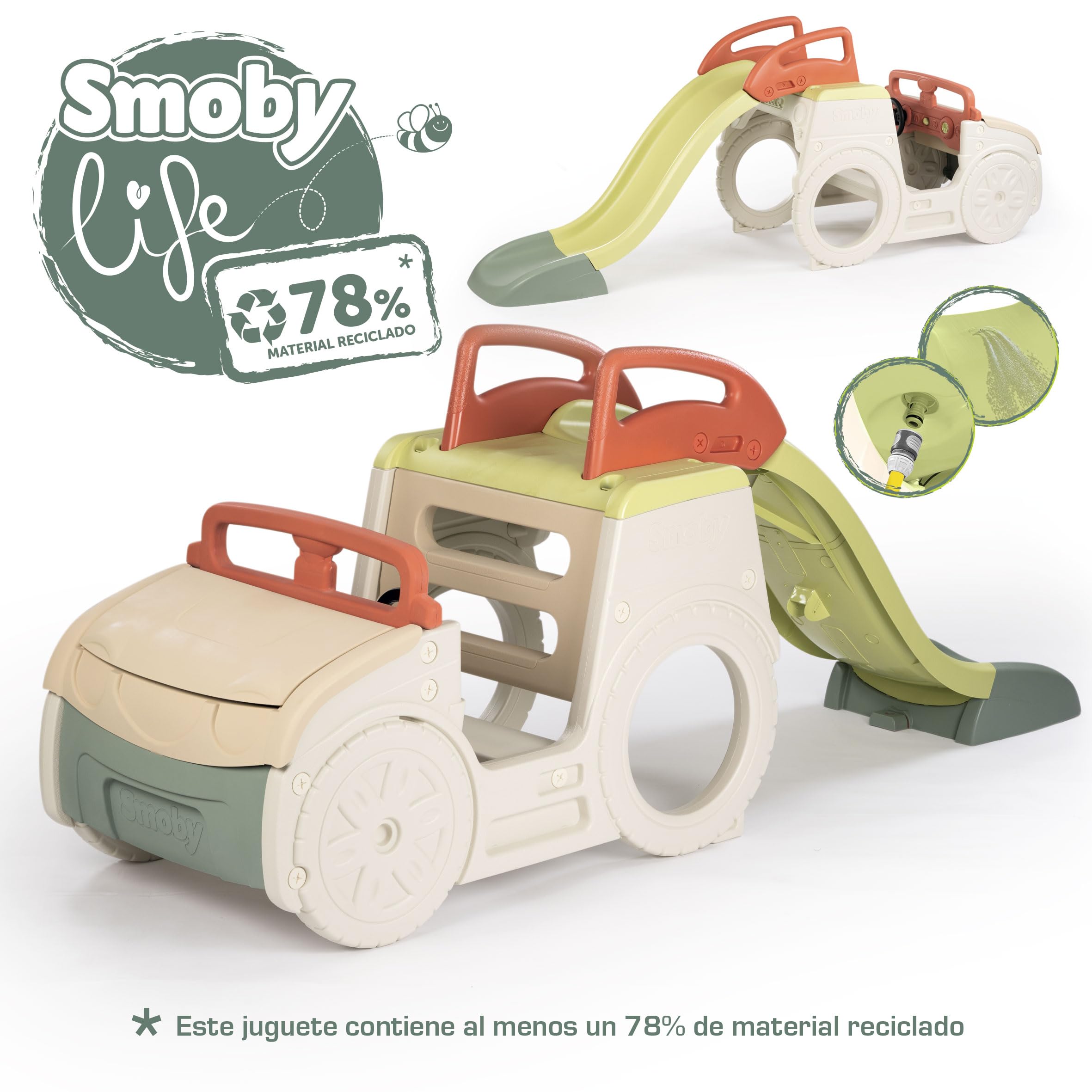 Smoby Life Coche Aventura Multiactividad – Estación de Conducción, Tobogán de 1,50 m, Caja de Arena con Tapa, Plástico Reciclado, para Niños a Partir de 18 Meses (7600840207)