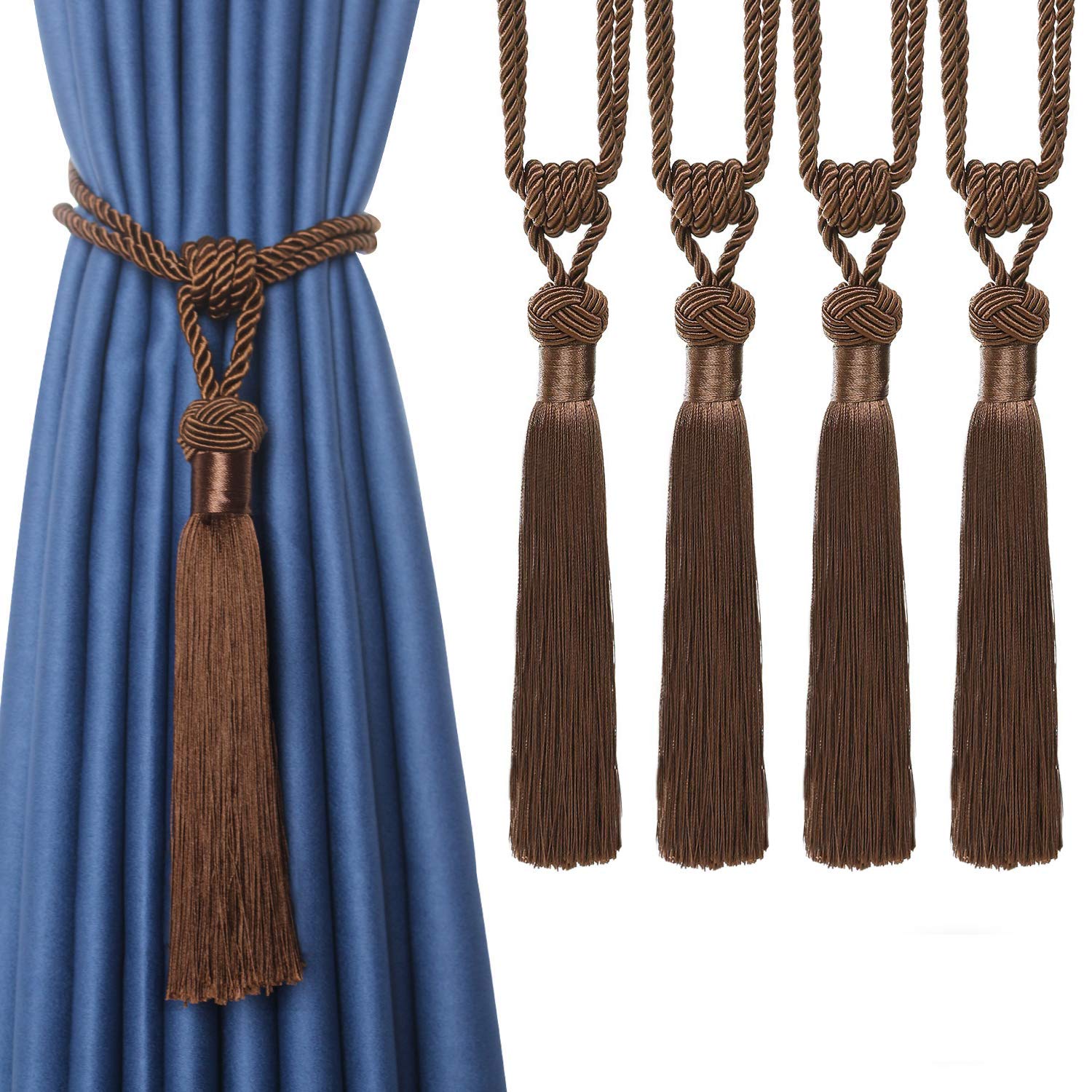 Tassel Curtain Tiebacks， Braided Rope Curtain Tiebacks Decorative Tassels Multicolor 2/4 Pcs(Dark Coffee,4pcs)