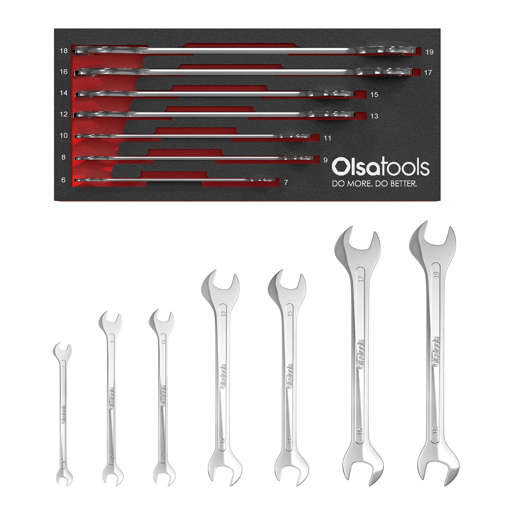 Olsa Tools Super-Thin Open-End Wrench Set - 7pc Metric Slim Spanners - 6mm to 19mm - Professional-Grade Hand Tools with EVA Foam Tray - Part: 1253