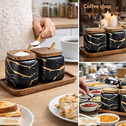 Miniatura 3 de 2 juegos de azucareros de cerámica de mármol, tarros de condimentos de cerámica con tapa de madera y cuchara de madera (negro)