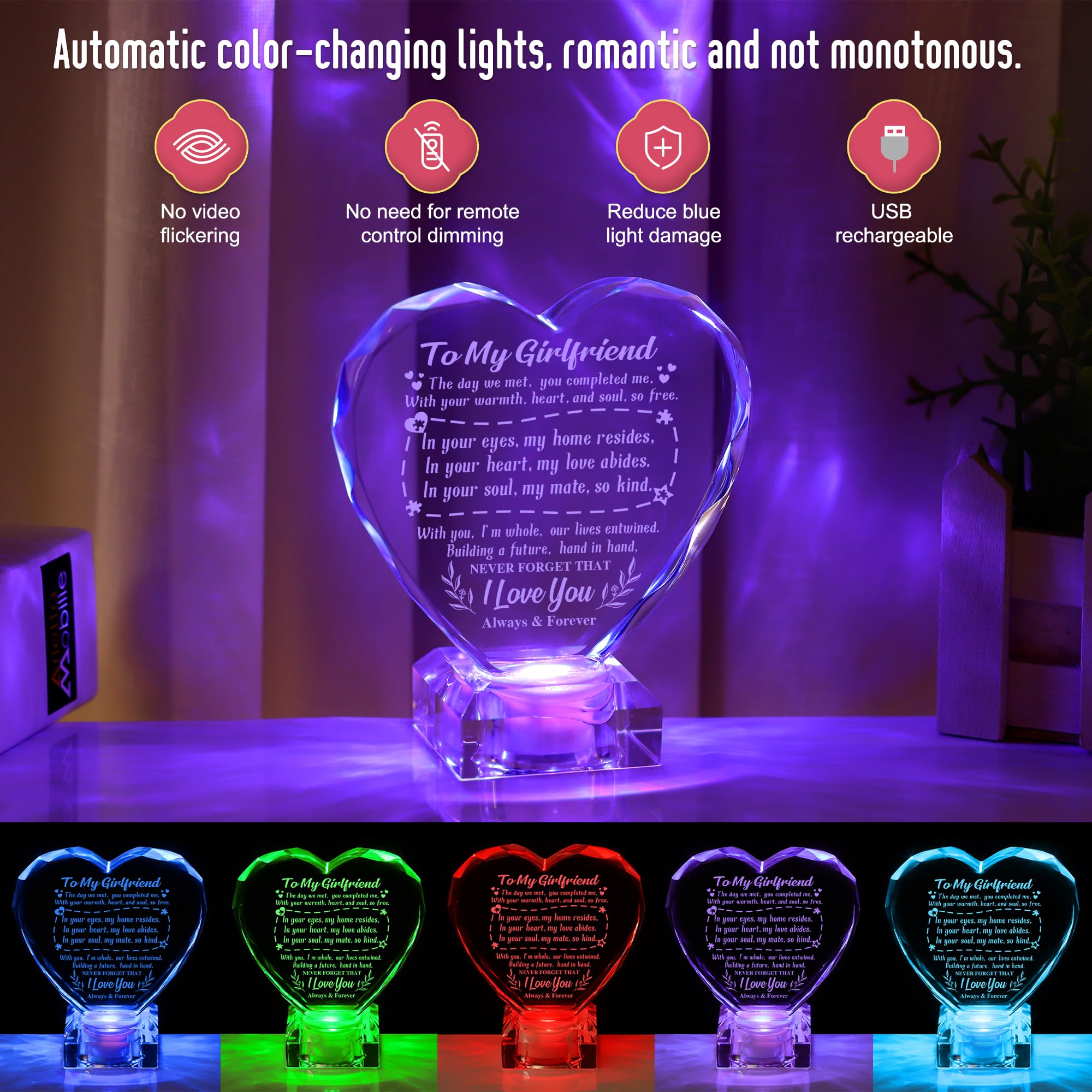 Unique Gifts for My Girlfriend, Love Crystal Gift for Girlfriend Christmas Day Birthday, Engraved Crystal Heart with Rechargeable Color-Changing LED Base, Perfect Christmas Gifts (Girlfriend)
