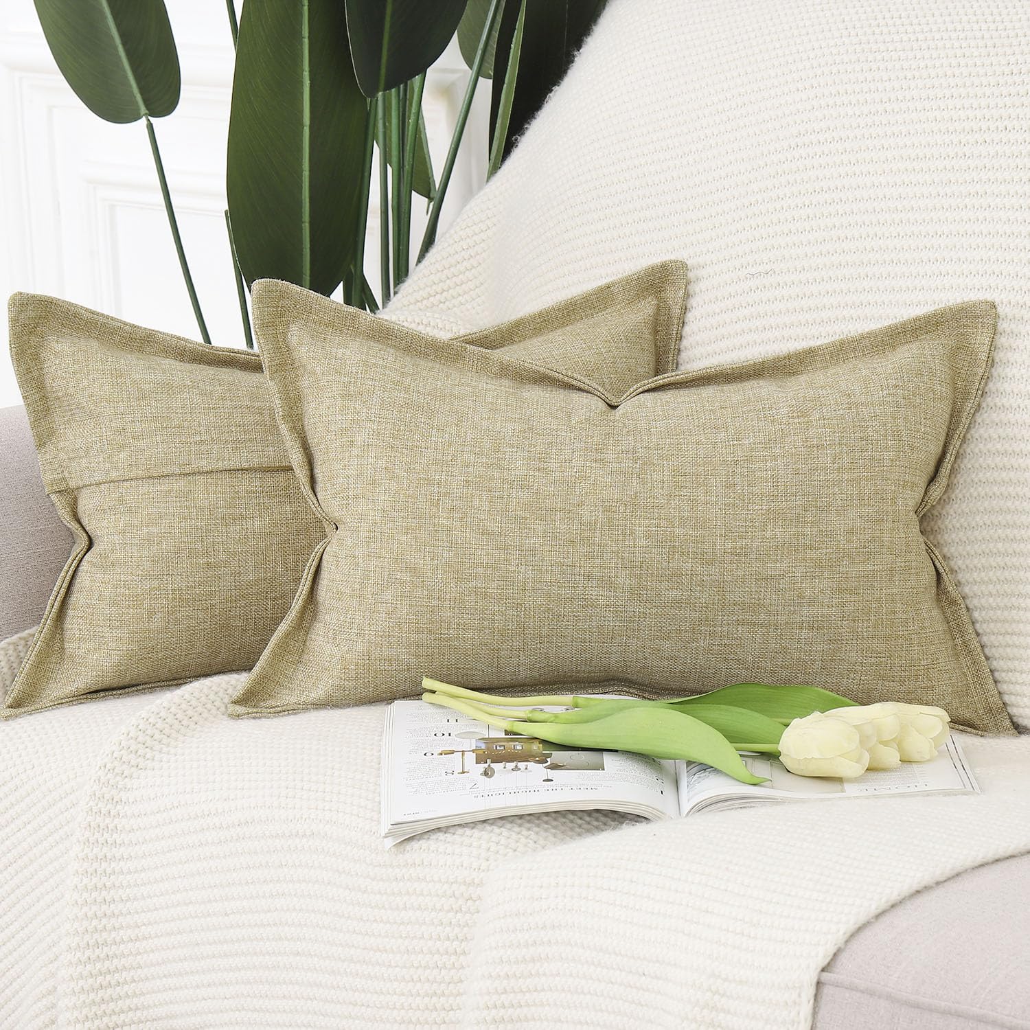 Madizz 2er Set Imitationsleinen Kissenbezügen mit breiter Kante Weiche dekorative Kissenbezüge für Sofa Schlafzimmer Kissenhülle Khaki 40x80 cm Rechteckig