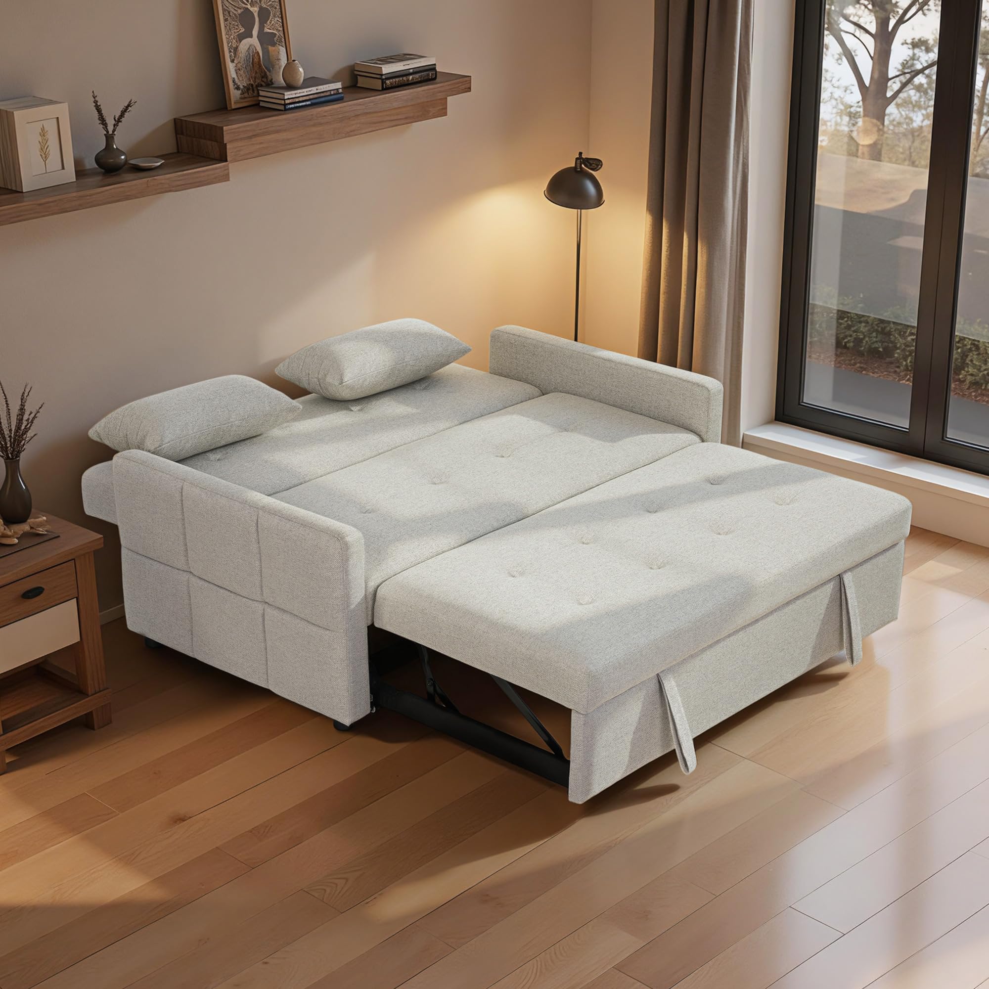 HOMCOM Canapé Convertible 2 Places 3 en 1, canapé-lit clic-clac 137x180cm, lit gigogne, Dossier réglable, 2 Coussins, Assise Large, Tissu Lin, pour Salon, Appartement, Petit Espace, Marron Clair