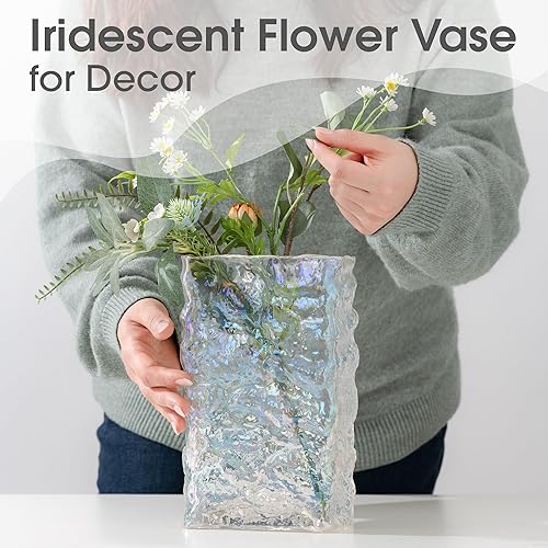 Miniatura 6 de Florero iridiscente, moderno jarrón decorativo de cristal para decoración del hogar con forma rectangular, florero de vidrio transparente, florero