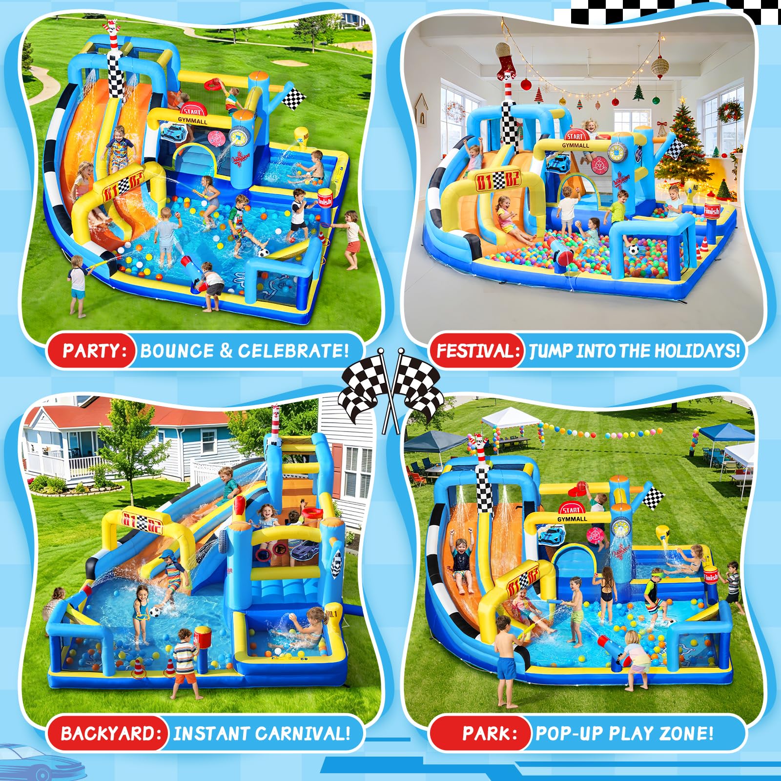 Château Gonflable de Course pour Enfants, Grand Château Gonflable 12 en 1 avec Souffleur 750W, Double Toboggan Aquatique, Pataugeoire, Zone de Saut, adapté pour l'intérieur et l'extérieur