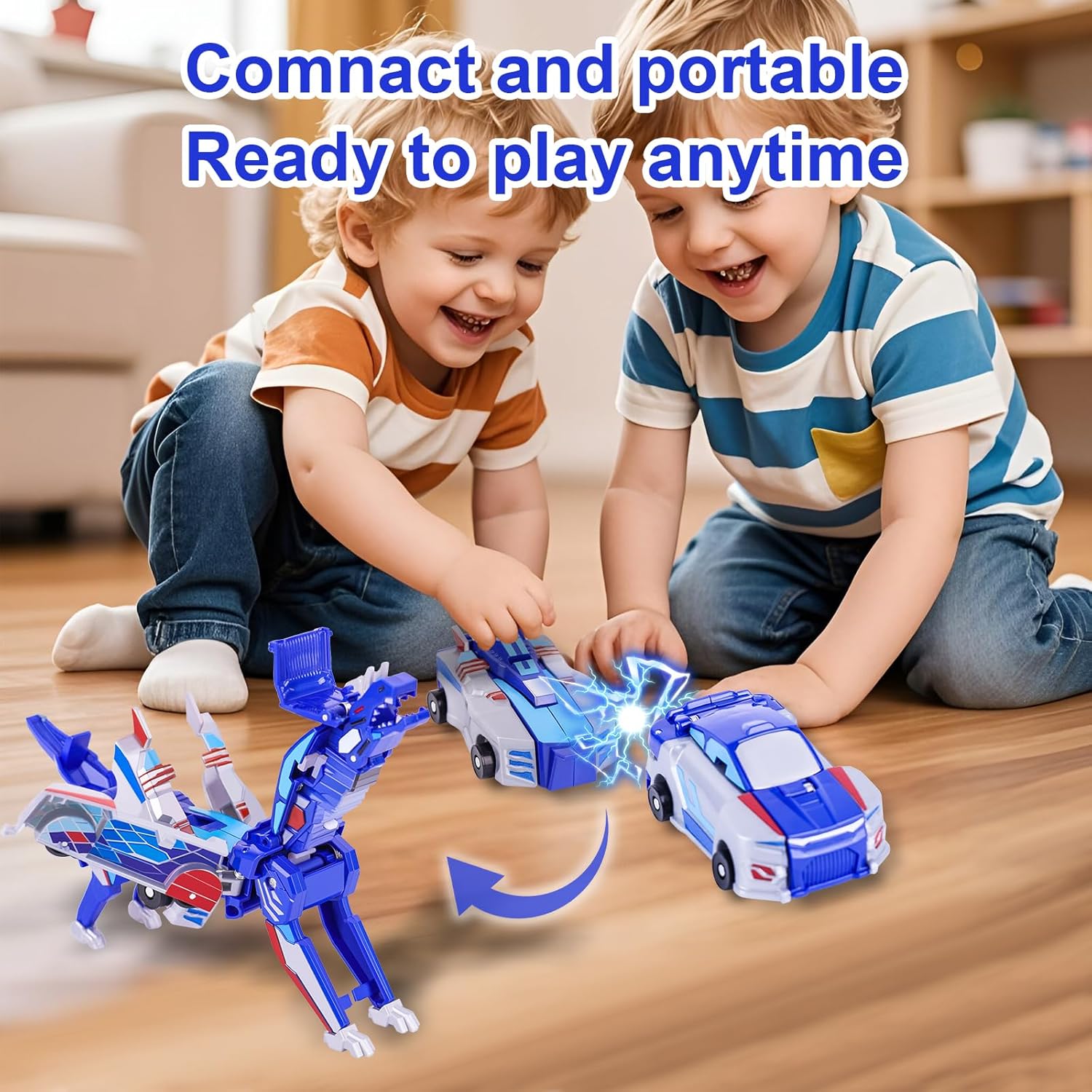 Magnetic Transforming Dinosaur Car Toys, 2 in 1 Collision Transform Robot Cars for Boys Girls Ages 3-6, Toddler Dino Toy Cars for Christmas Birthday Gifts (Blue)