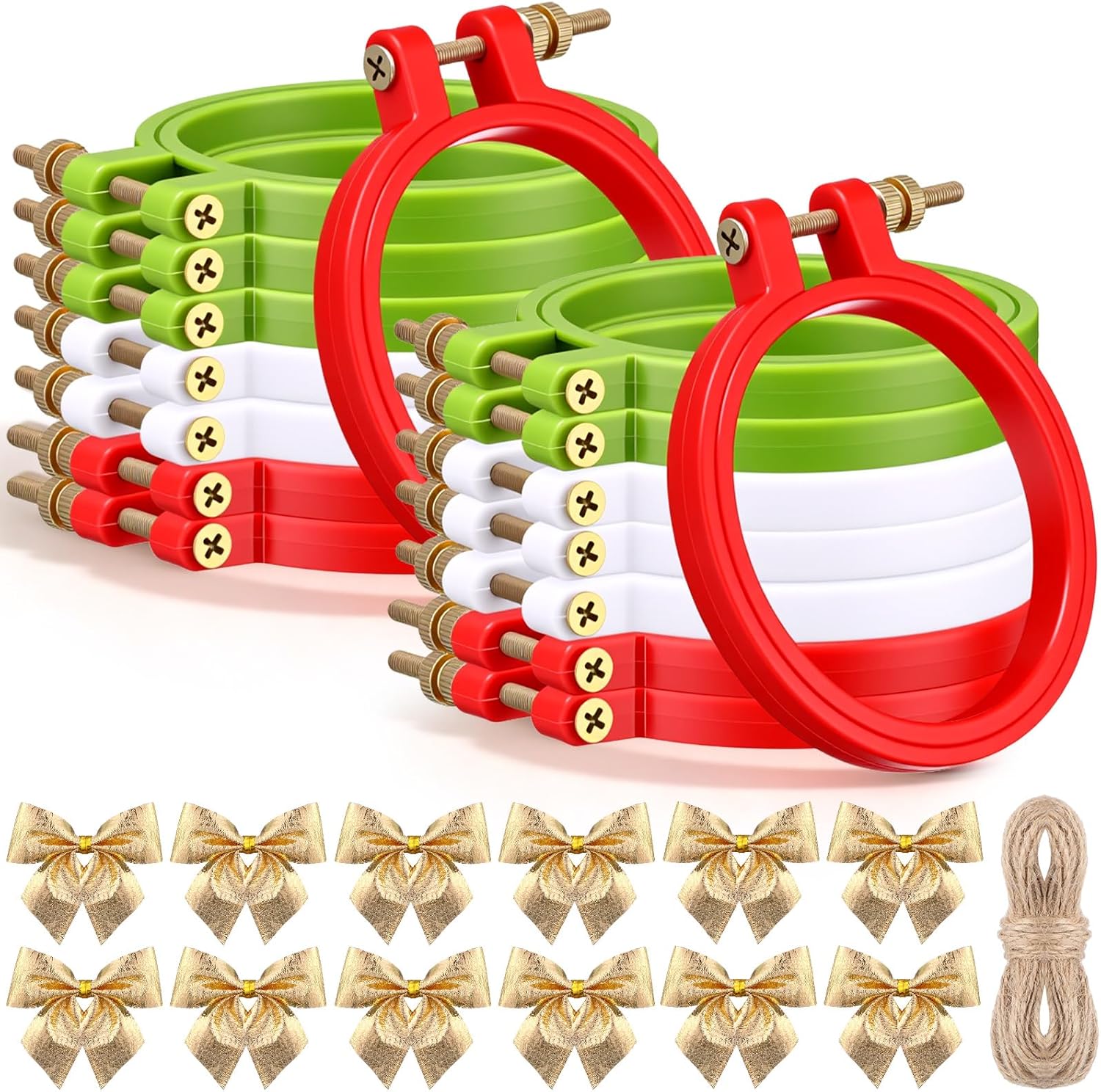 Knitgrip 35 Pcs Christmas Ornament Kit Including 16 Pcs 3 Inch Plastic Embroidery Hoop Adjustable Circle Cross Stitch Hoop Ring 16 Mini Gold Bows and 3 Bundles Natural Jute Twine for Wall Decoration